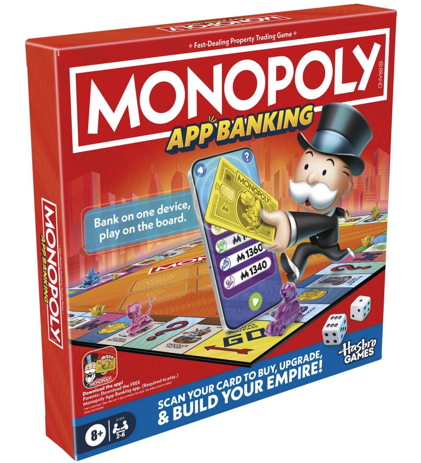 Monopoly App Banking társasjáték doboza elölnézetből, digitális bankolást bemutató grafikával.