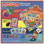 Monopoly App Banking társasjáték doboz hátoldala, játékmenet, tartozékok és alkalmazás bemutatása.