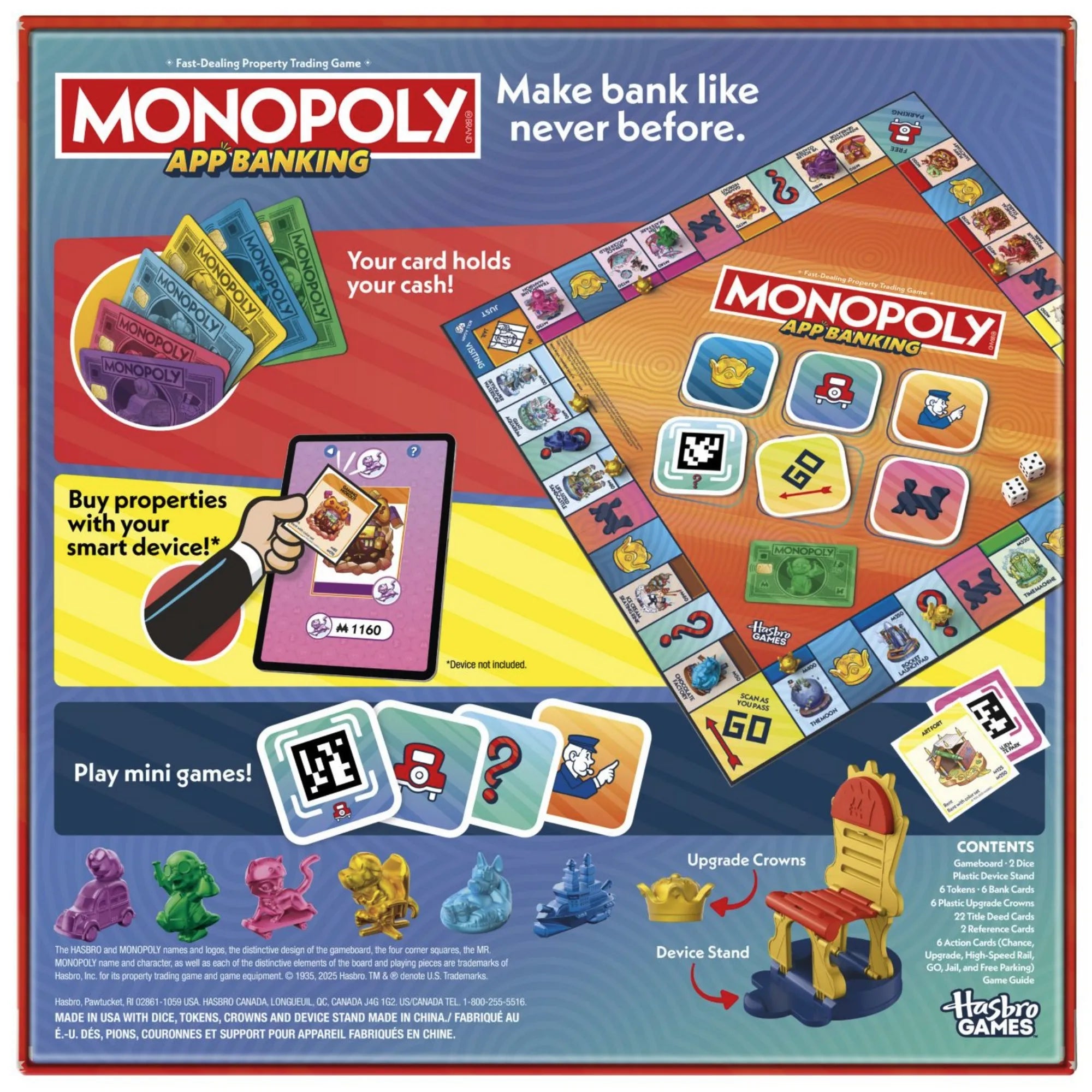 Monopoly App Banking társasjáték doboz hátoldala, játékmenet, tartozékok és alkalmazás bemutatása.