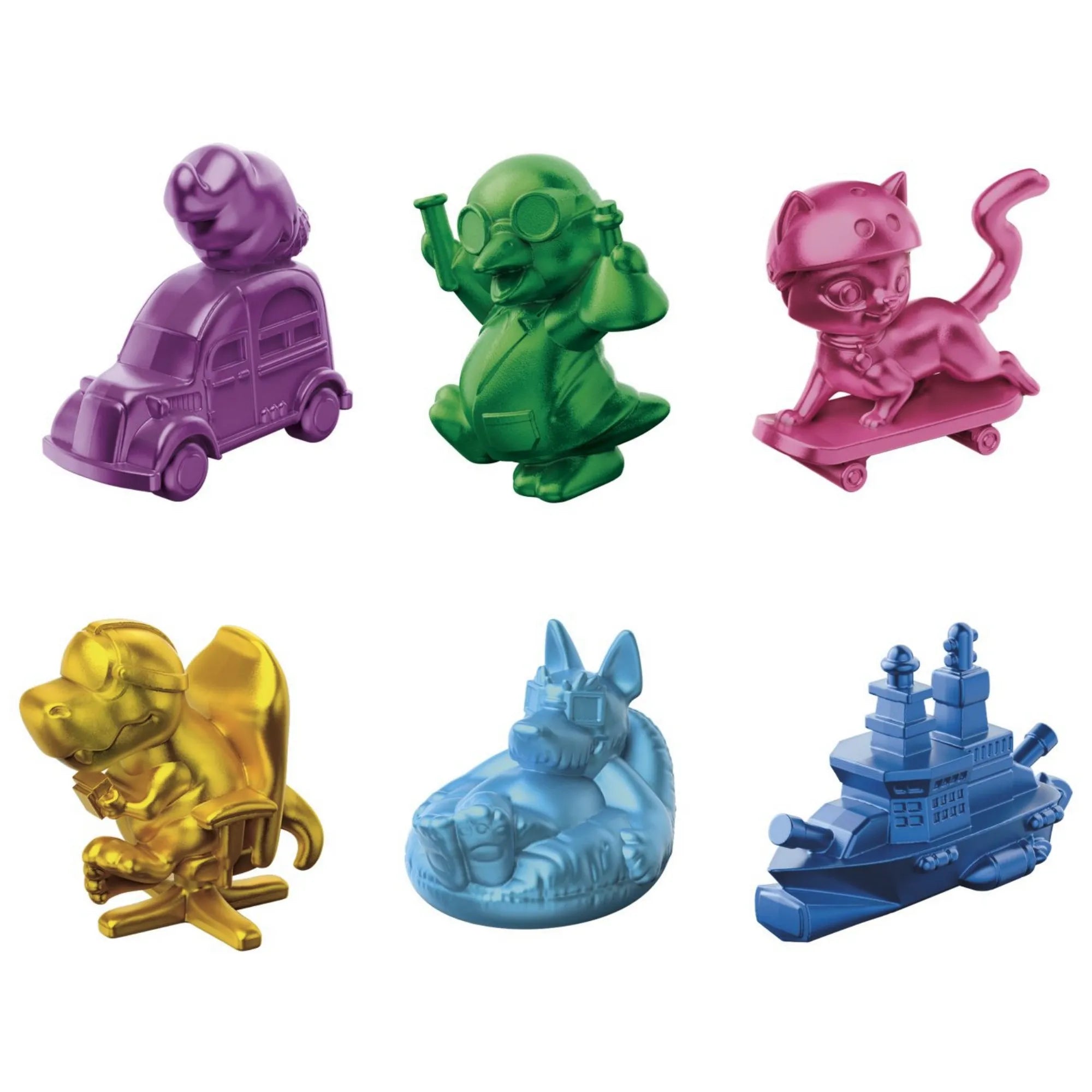 Monopoly App Banking társasjáték figurák, különböző színű és formájú játékbábuk közelről.