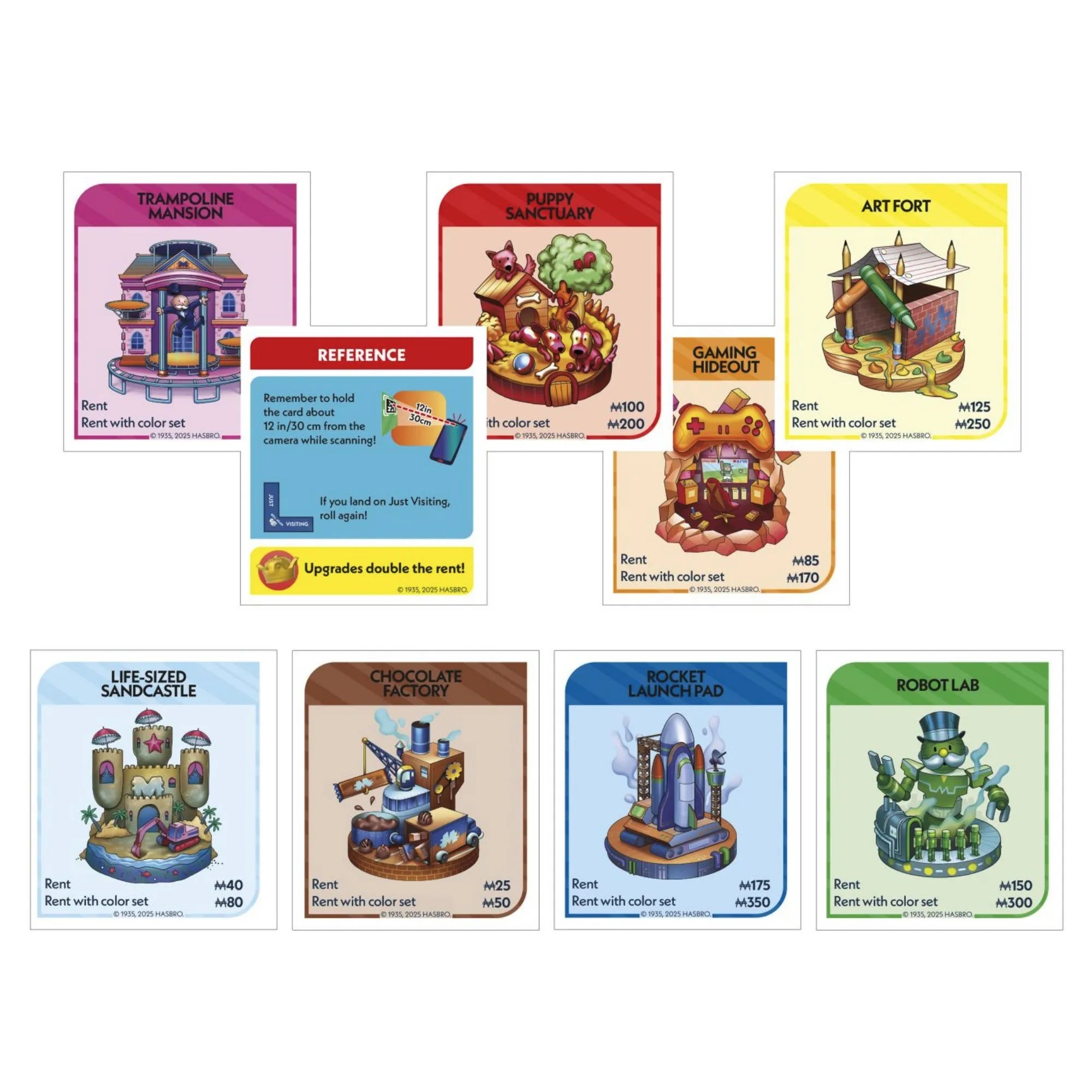 Monopoly App Banking társasjáték tulajdonkártyái és referencia kártyája, színes ingatlanillusztrációkkal.