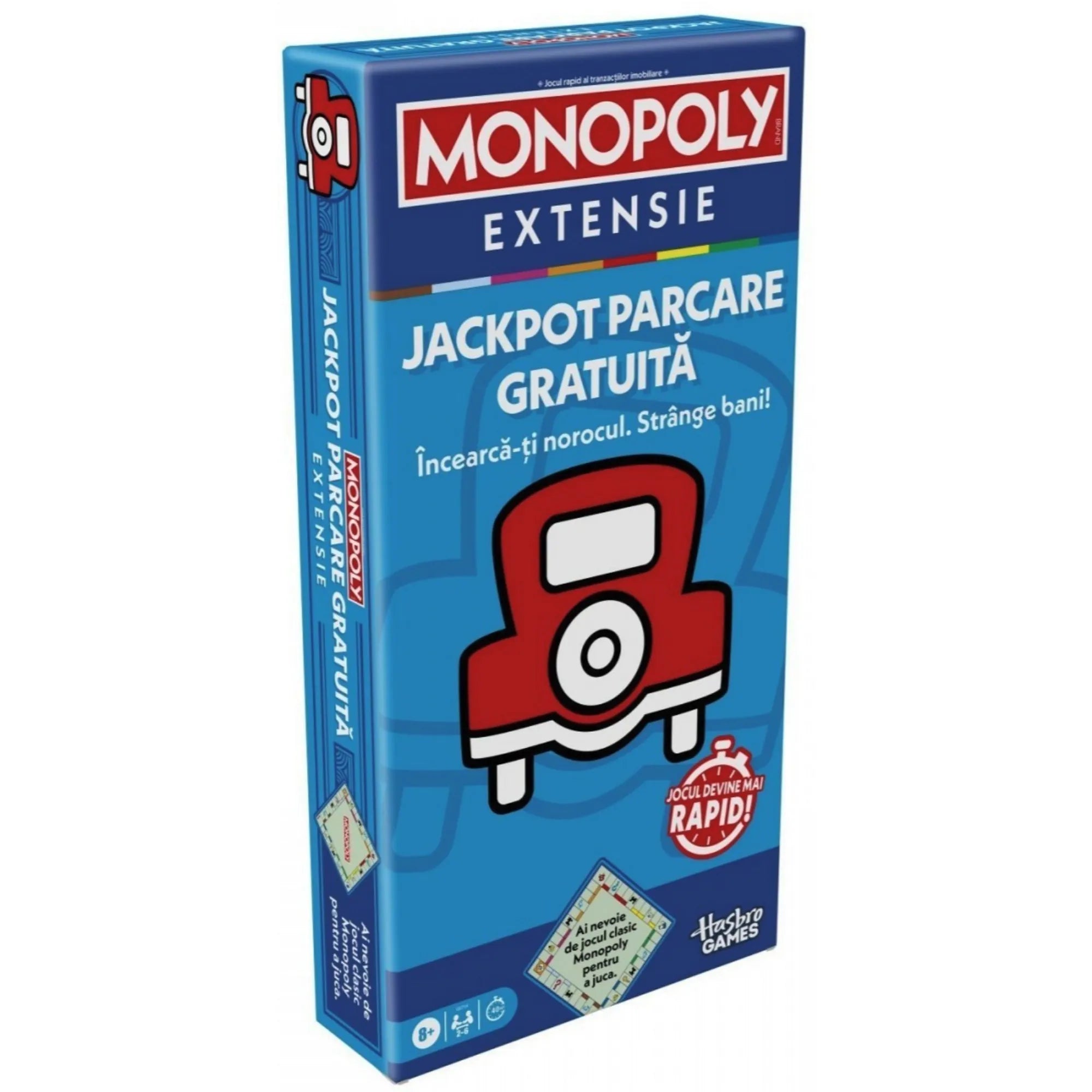 Monopoly Jackpot Parcare Gratuită – a román nyelvű Monopoly kiegészítő dobozának elölnézeti képe, kék csomagolásban.