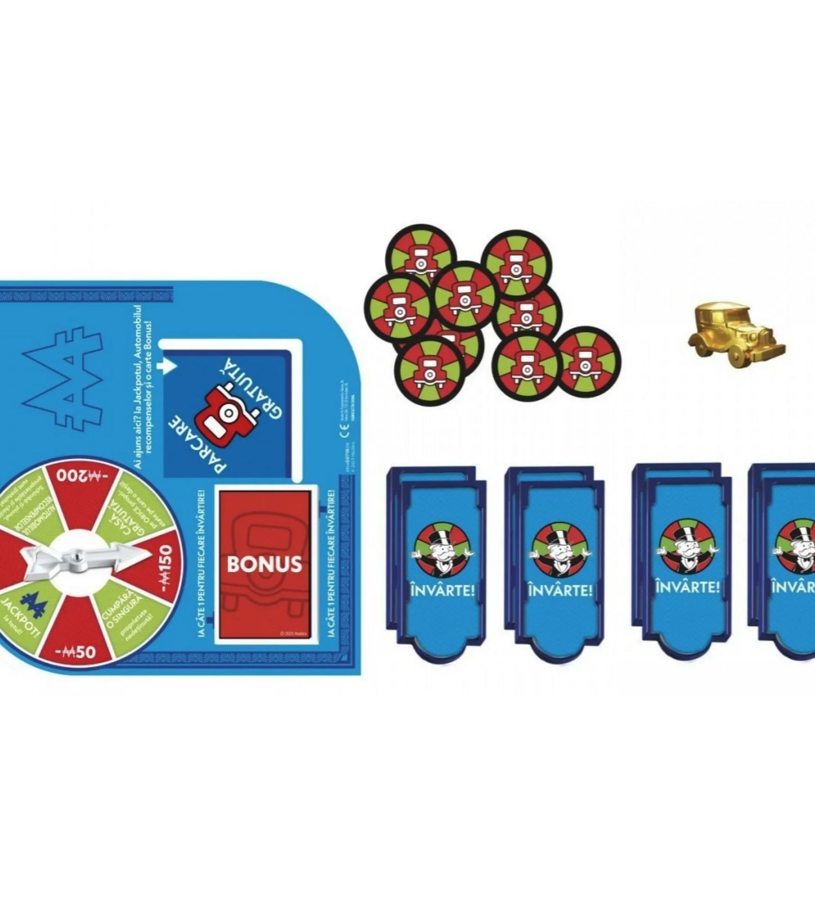 Monopoly Jackpot Parcare Gratuită – a kiegészítő tartalma kiterítve: pörgetőtábla, zsetonok, kártyák és arany autó figura.