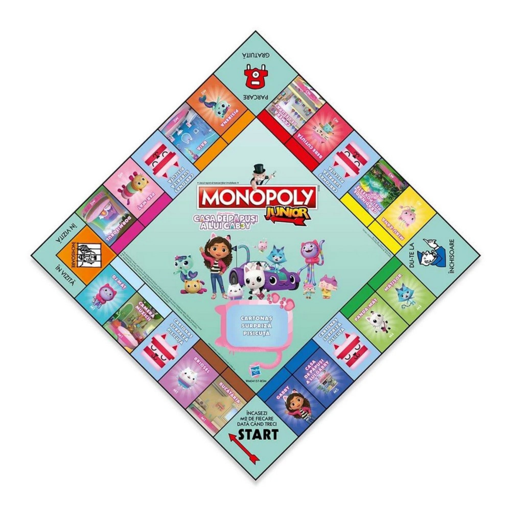 Monopoly Junior - Gabby babaháza társasjáték játéktáblája, színes mezőkkel és Gabby világának témájával.