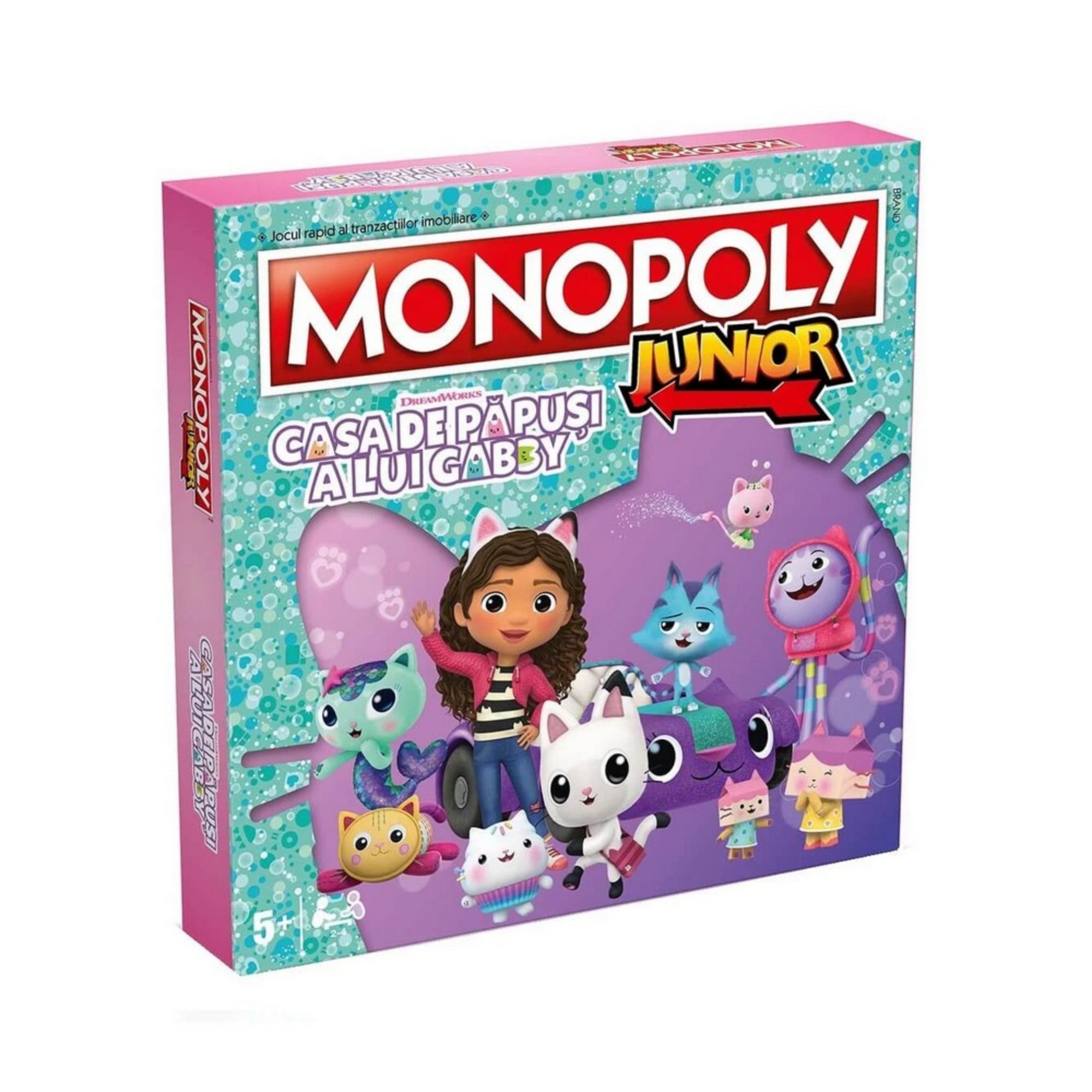 Monopoly Junior - Gabby babaháza társasjáték színes dobozának fedőlapja, Gabby és barátai illusztrációjával.