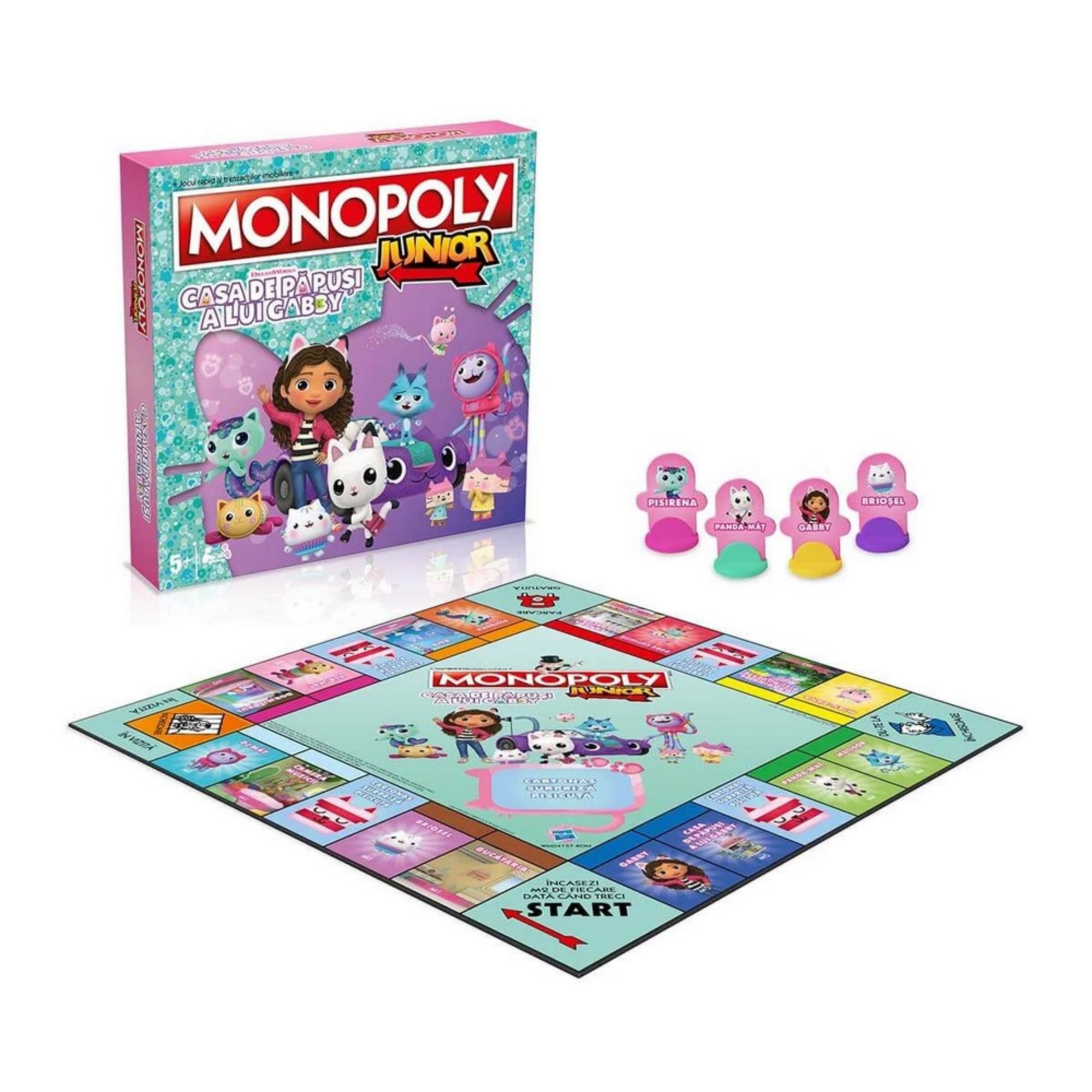 Monopoly Junior - Gabby babaháza társasjáték doboza és a játék tartalma, beleértve a játéktáblát és a jelölőket.