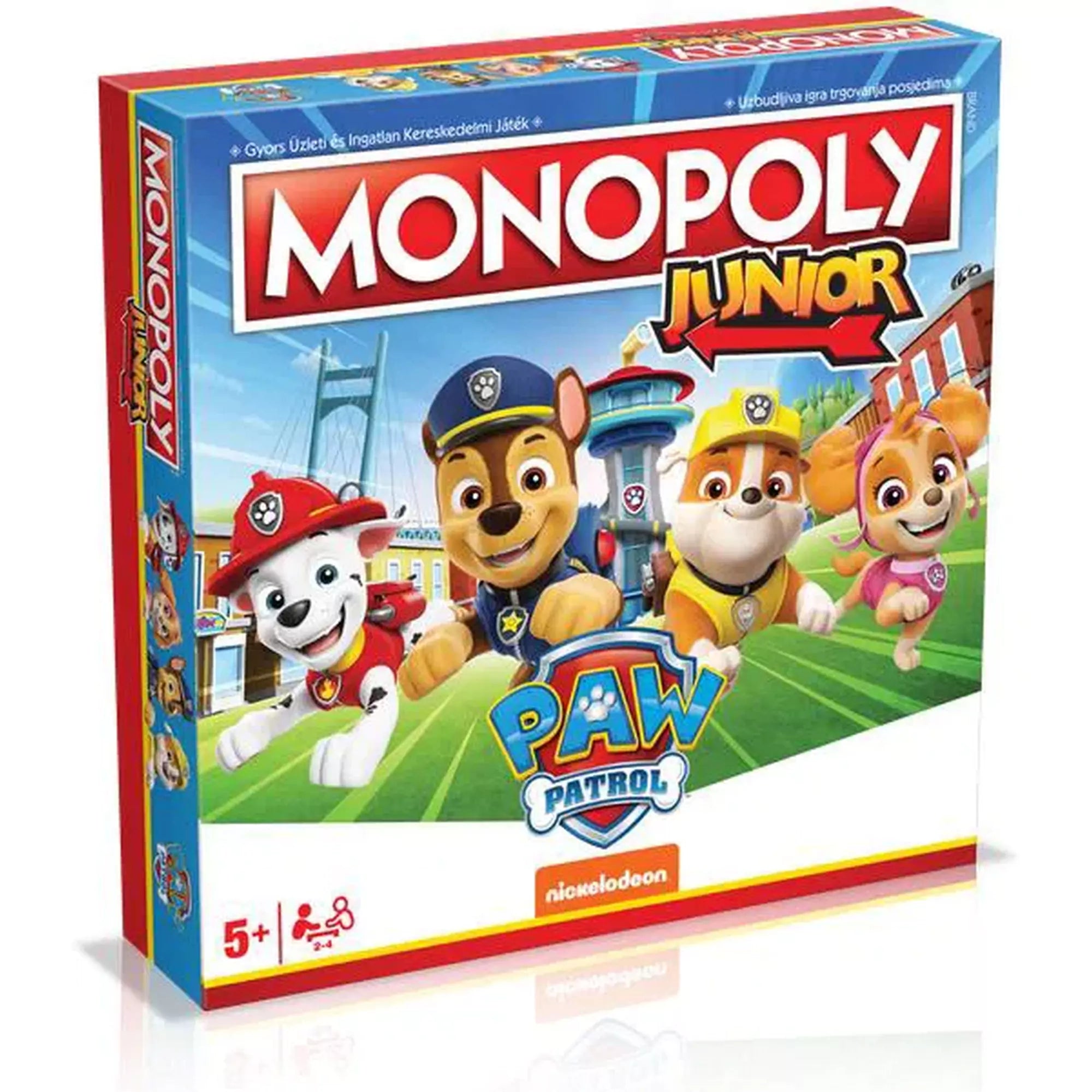  Monopoly Junior: Mancs Őrjárat társasjáték doboza, rajta a népszerű mesehősökkel, Chase, Marshall, Rubble és Skye karaktereivel.
