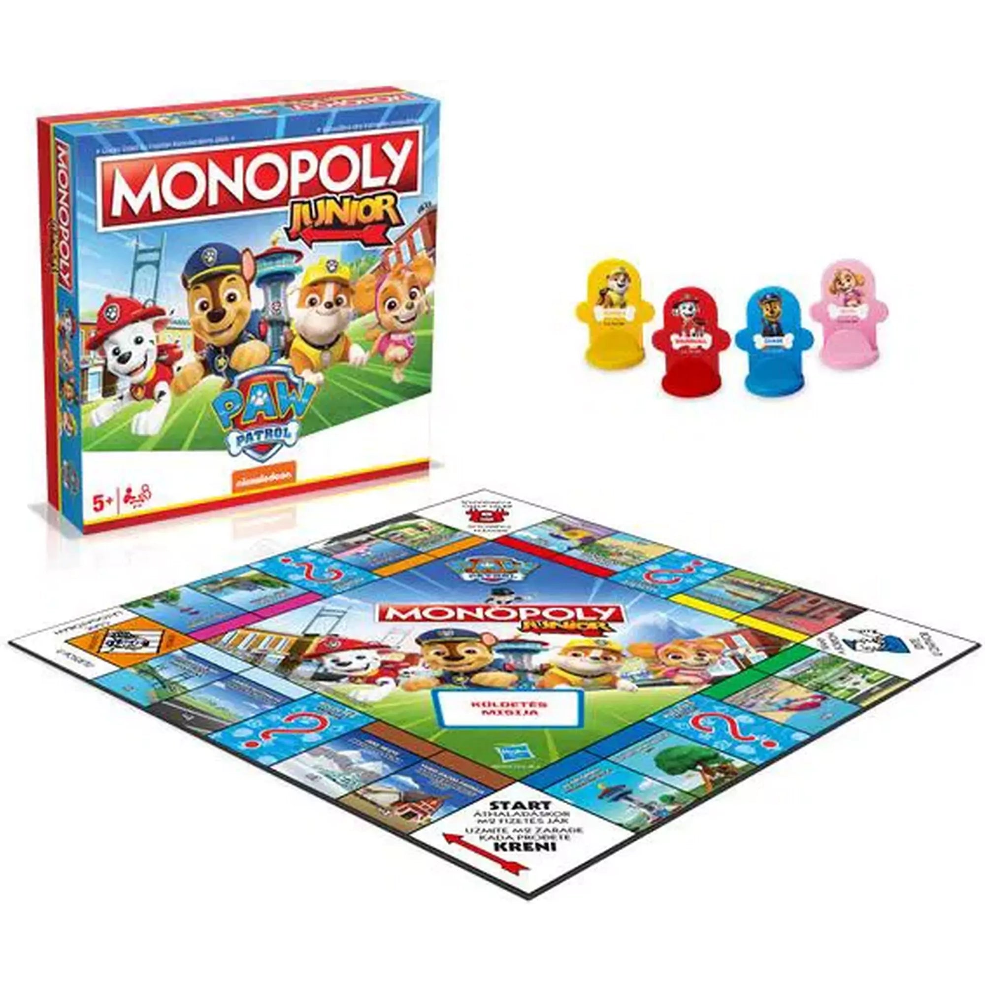Monopoly Junior: Mancs Őrjárat társasjáték kibontva, játéktáblával és a karaktereket ábrázoló bábukkal.