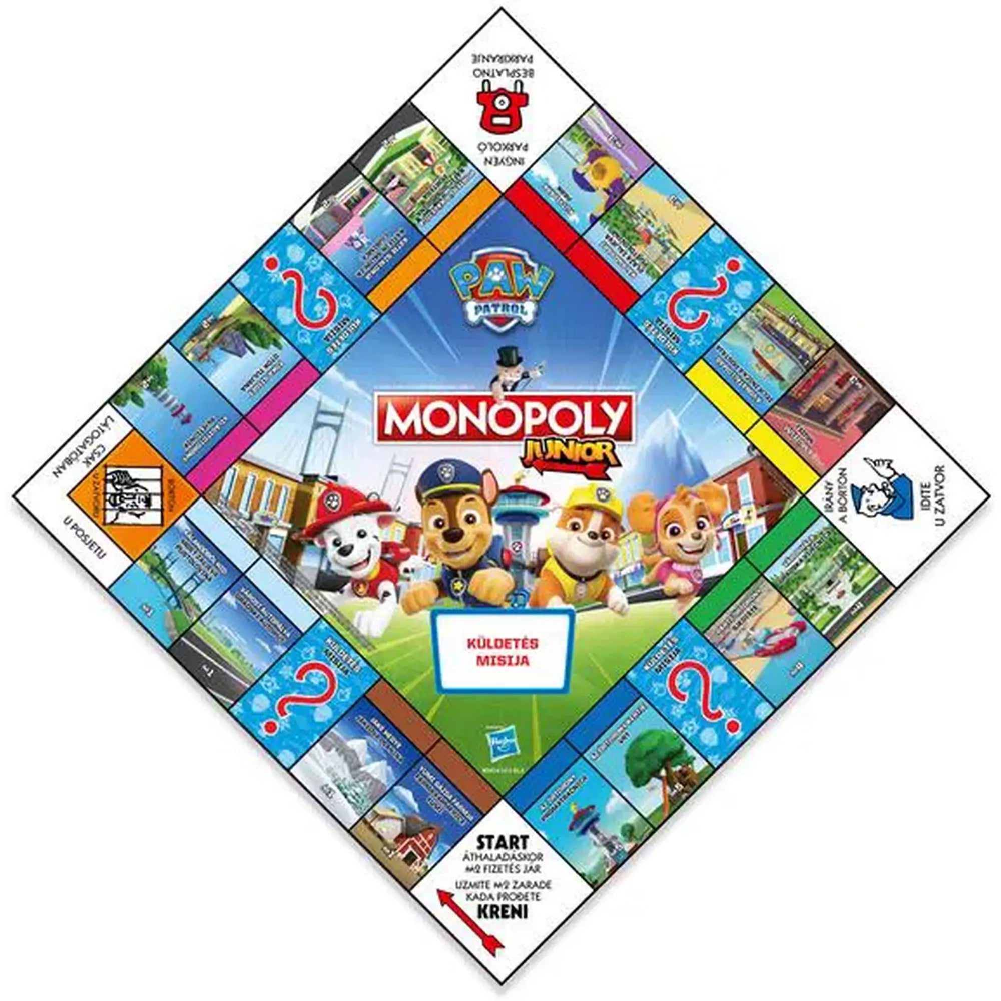 Monopoly Junior: Mancs Őrjárat játéktábla részletesen, a játékmezők színes grafikáival.