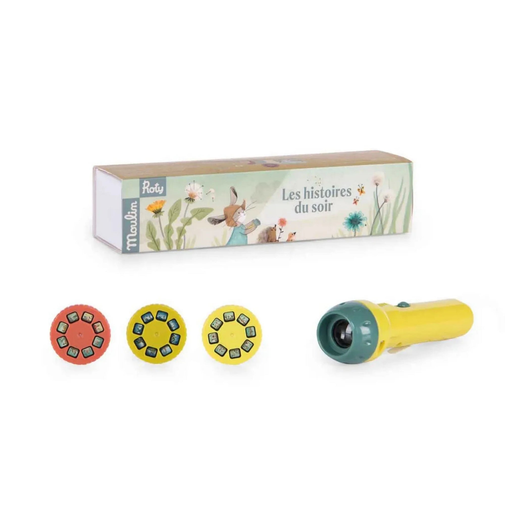 Moulin Roty meselámpa: A három nyuszi mesélő vetítője három cserélhető diahengerrel és illusztrált dobozzal.