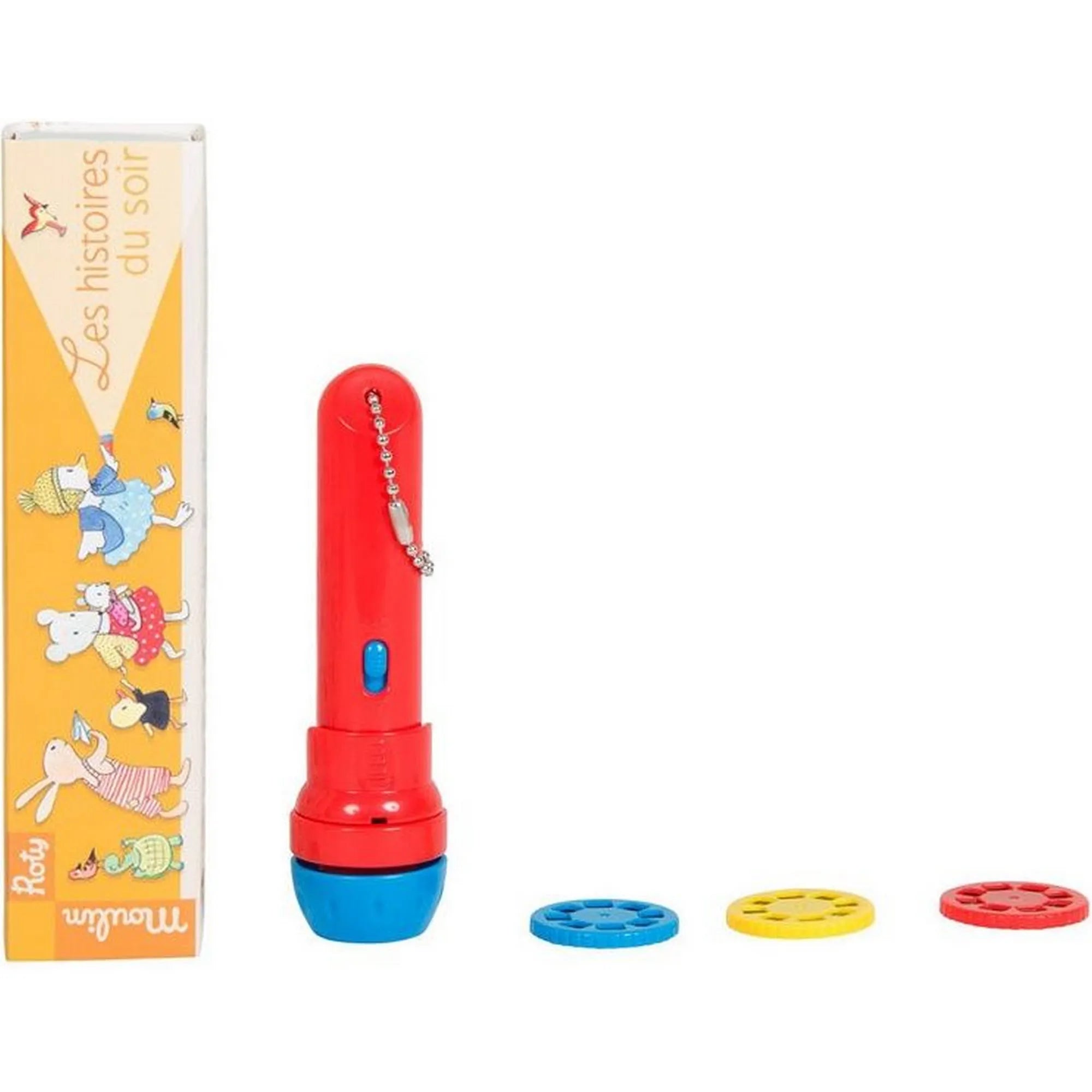 Moulin Roty Egy nagy család – piros-kék meselámpa három cserélhető diahengerrel.