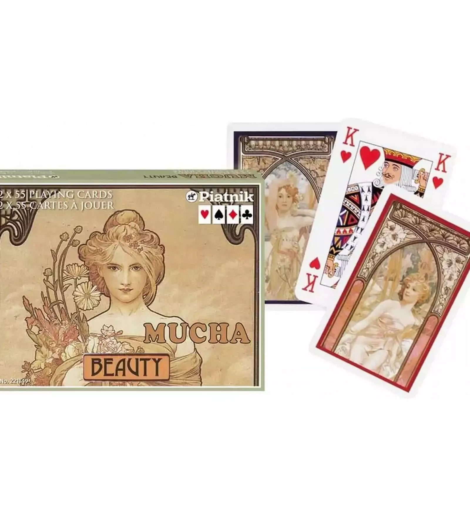 A „Francia kártya 2x55-ös készlet - Mucha Beauty” doboza és kártyái láthatók. A doboz elején Alphonse Mucha híres művészeti stílusában készült illusztráció található, amely egy virágos női alakot ábrázol. A kártyákon piros szívek királyai láthatók, amelyeket szintén Mucha művészeti stílusa díszít, a háttérben finom mintákkal és díszítőelemekkel.