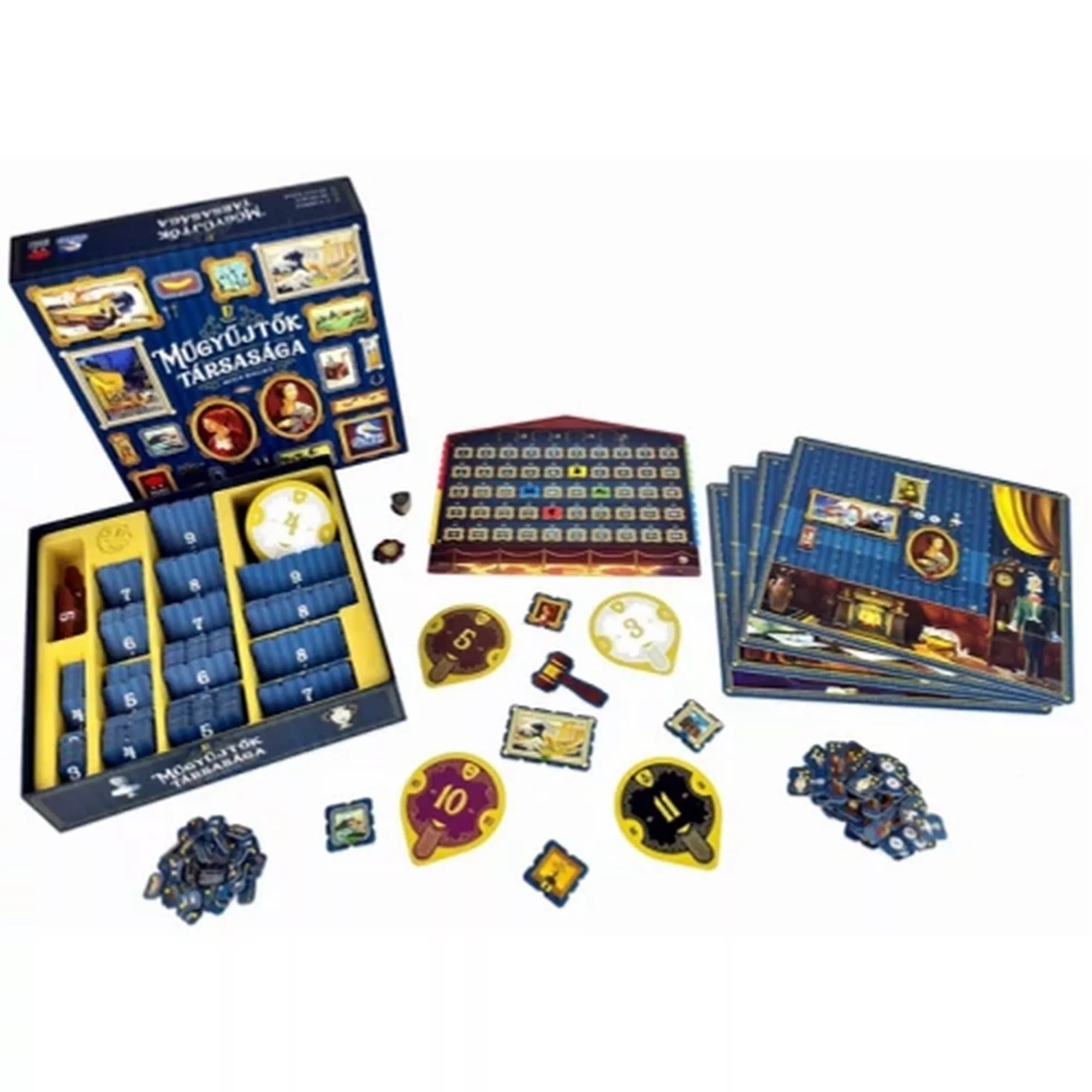 A Műgyűjtők társasága társasjáték teljes tartalma kiterítve: játéktábla, galériatáblák, licittárcsák, festménylapkák, jelölők és a doboz belső rendezője, művészi, elegáns dizájnnal.