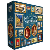 A Műgyűjtők társasága társasjáték dobozának elölnézeti képe, klasszikus festményeket idéző illusztrációkkal, aranyozott képkeret-motívumokkal és elegáns kék háttérrel.