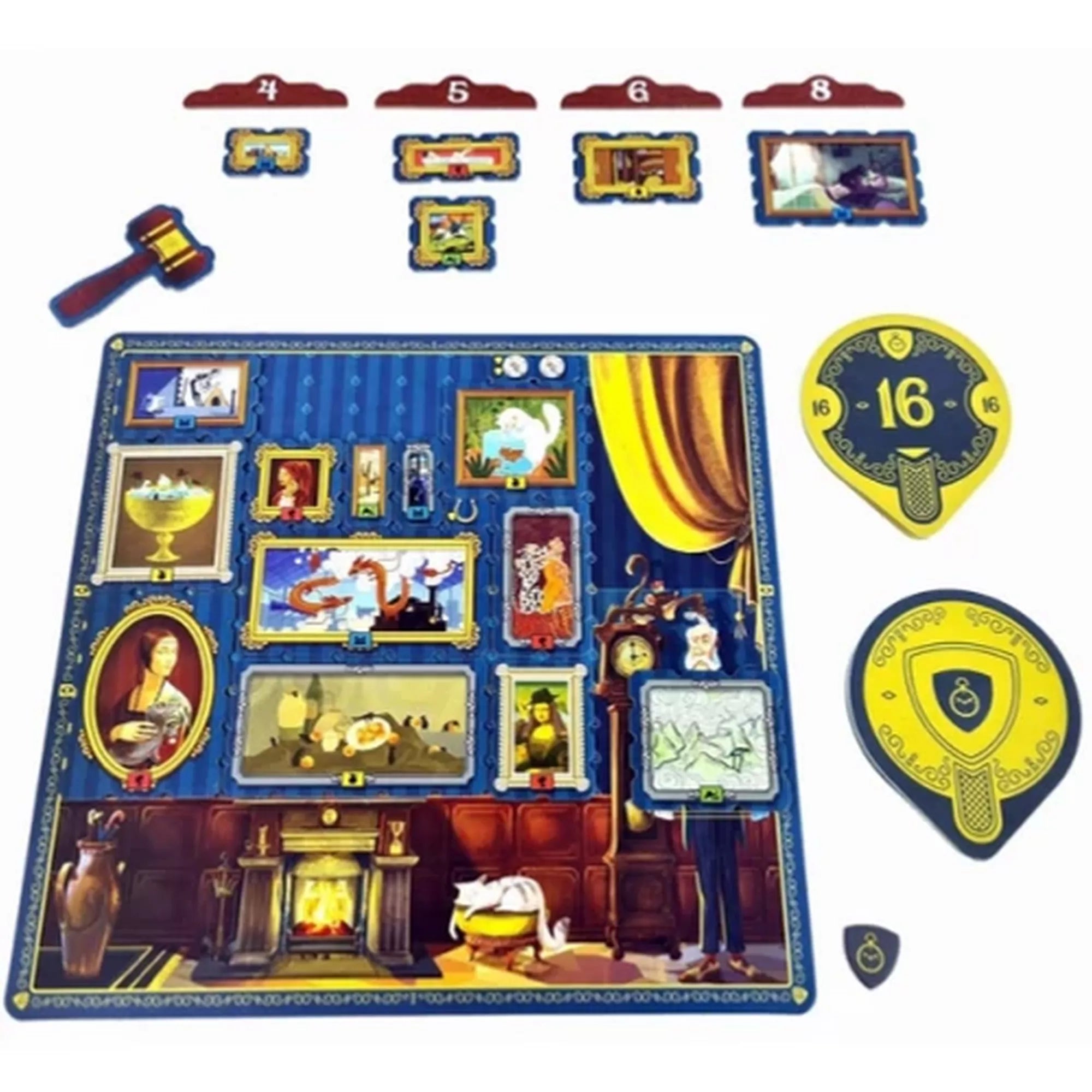 Egy játékos galériatáblája a Műgyűjtők társasága játékban, különböző méretű és stílusú festményekkel, kandallós szobabelső illusztrációval és pontozó jelölőkkel.