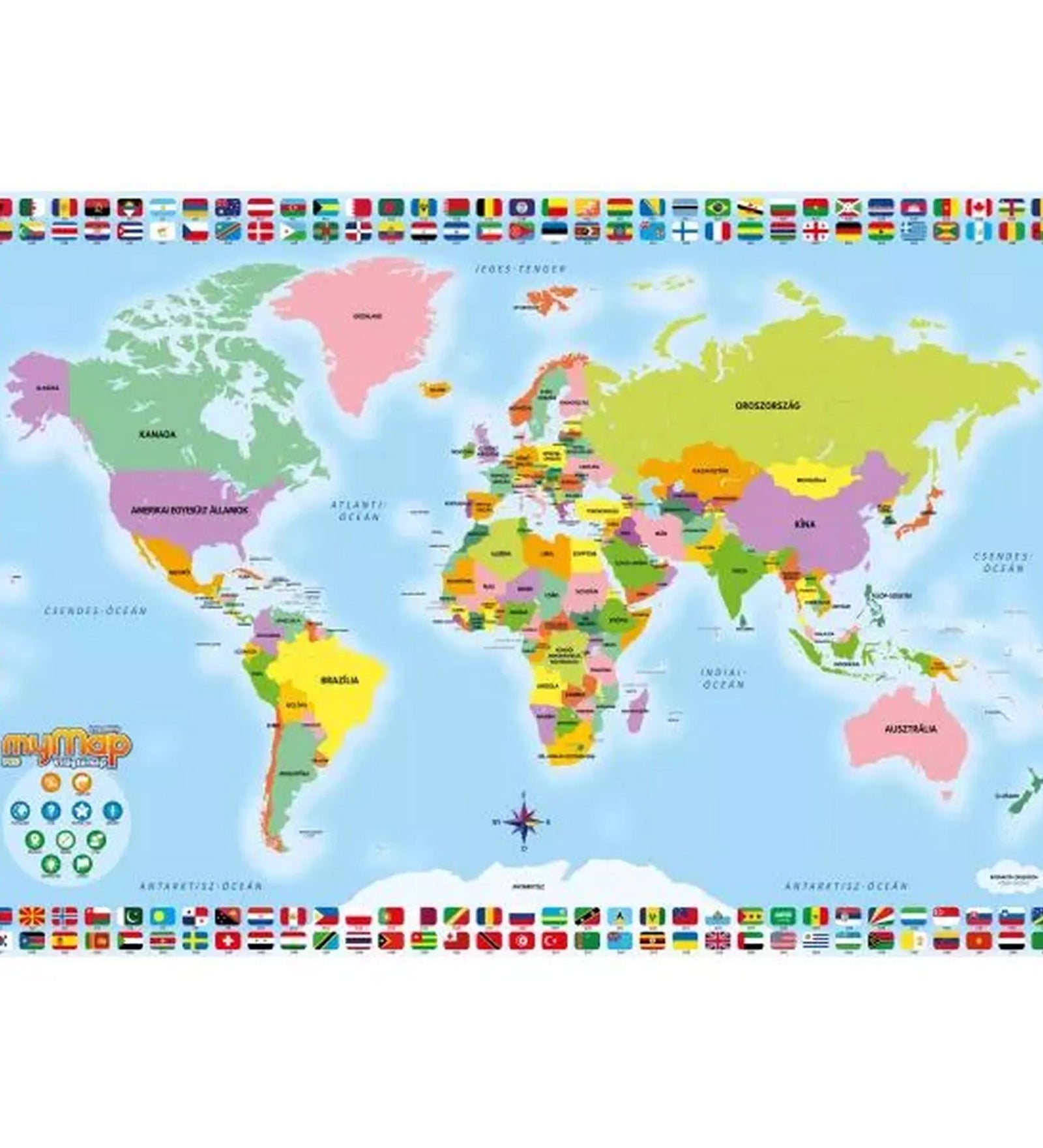 My Map Pro interaktív világtérkép színes világ országokkal és zászlókkal, tanuláshoz és kvízjátékhoz.