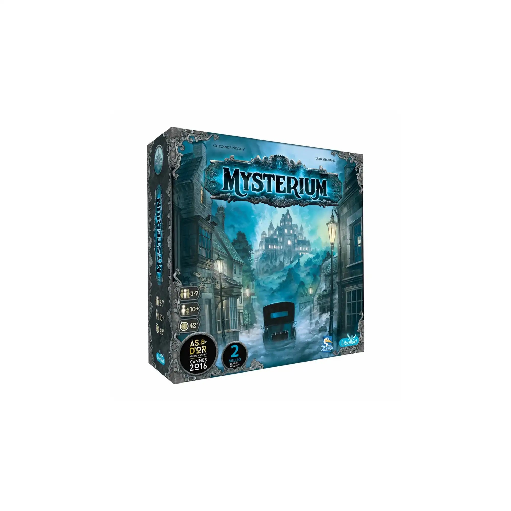 Mysterium - 2. kiadás társasjáték doboza, misztikus kastéllyal, ködös utcával és kísérteties hangulatú borítóillusztrációval.