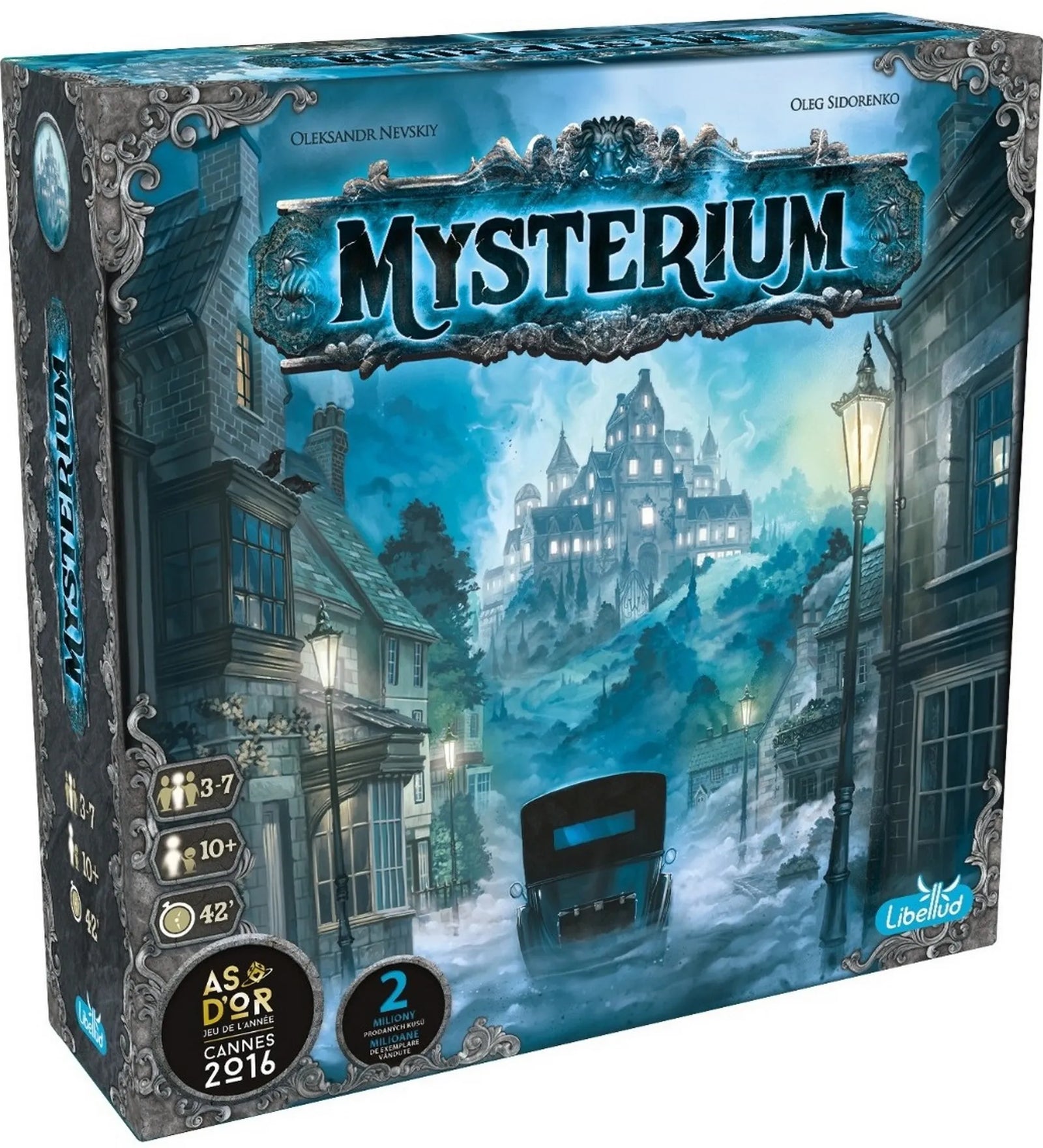 Mysterium Refresh társasjáték doboza: kék árnyalatú ködös jelenet egy kastély felé tartó régi autóval, díjjelvényekkel és a Libellud logóval.
