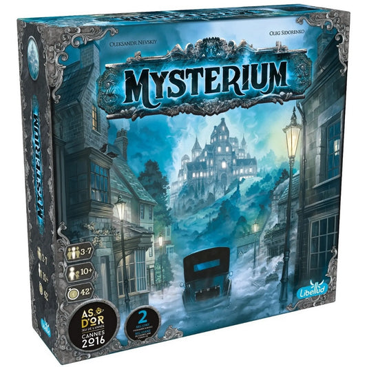 Mysterium Refresh társasjáték doboza: kék árnyalatú ködös jelenet egy kastély felé tartó régi autóval, díjjelvényekkel és a Libellud logóval.