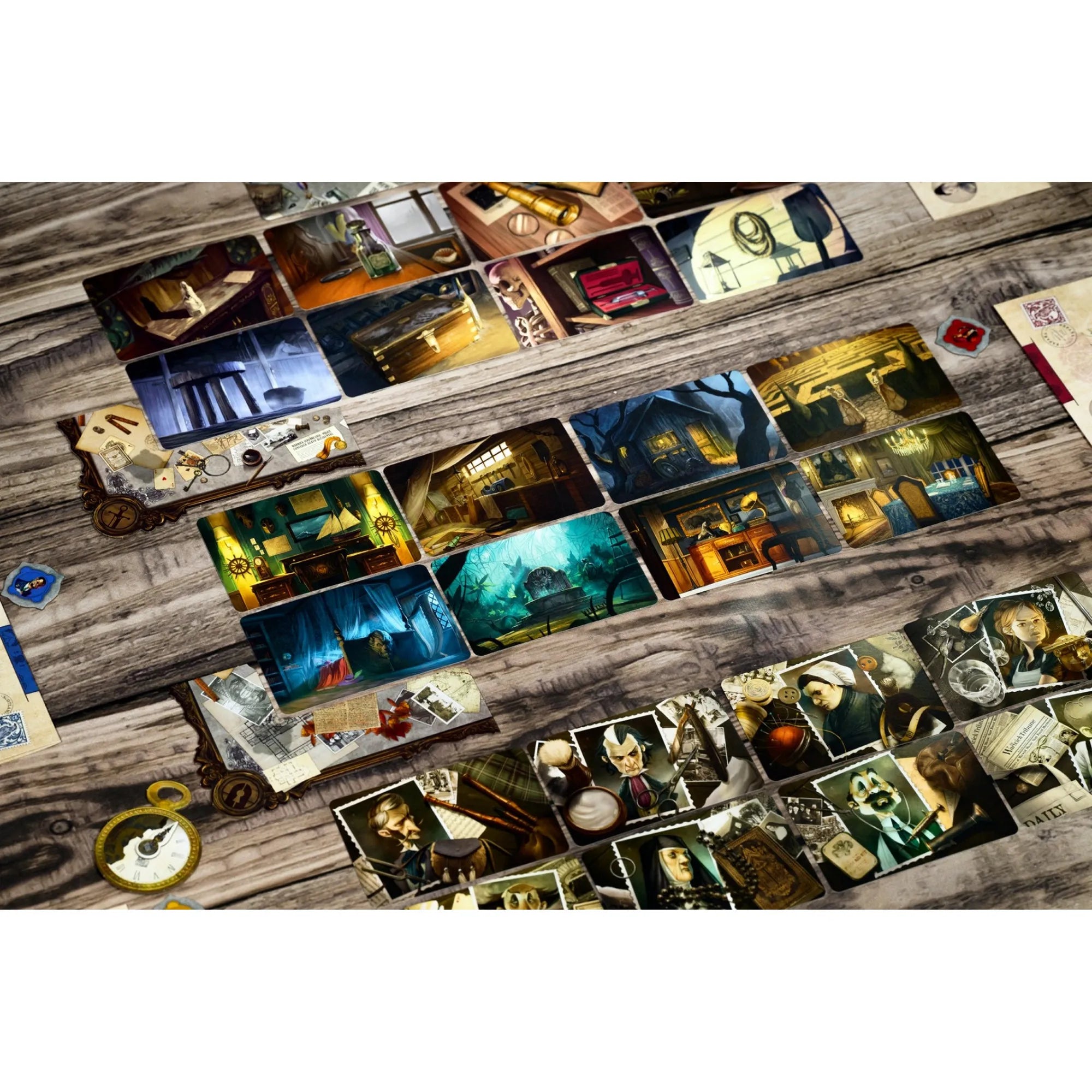 Mysterium társasjáték teljes asztali elrendezése: helyszín-, tárgy- és gyanúsítottkártyák sora, játéktábla, jelölők és víziókártyák egy fa felületen.