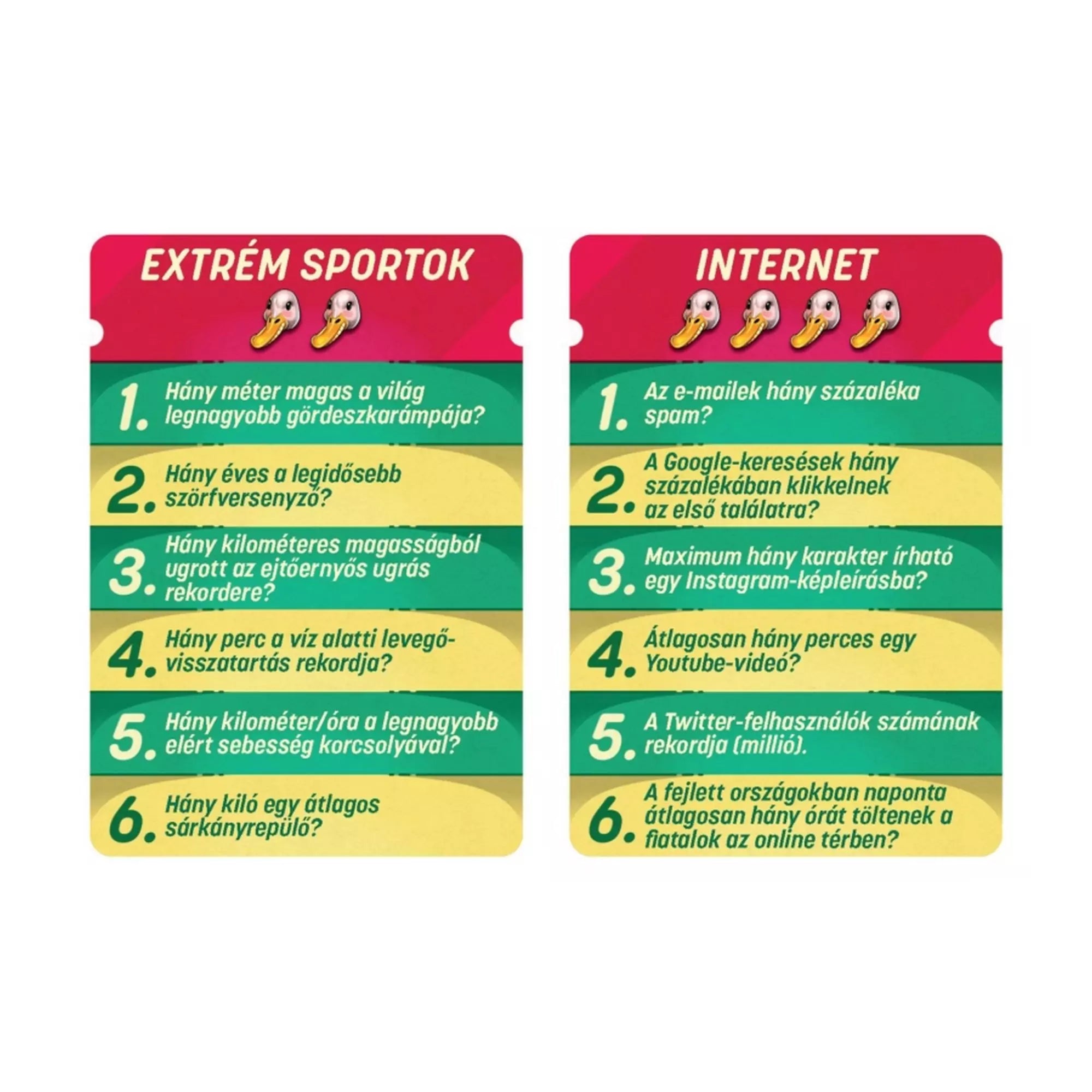„Na ne már! társasjáték kérdéskártyák, példák az Extrém sportok és Internet kategóriák kérdéseire.”