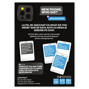 New Phone, Who Dis? Ediția de buzunar hátoldala a játék tartalmával, üzenet- és válaszkártya példákkal, román nyelvű leírással.