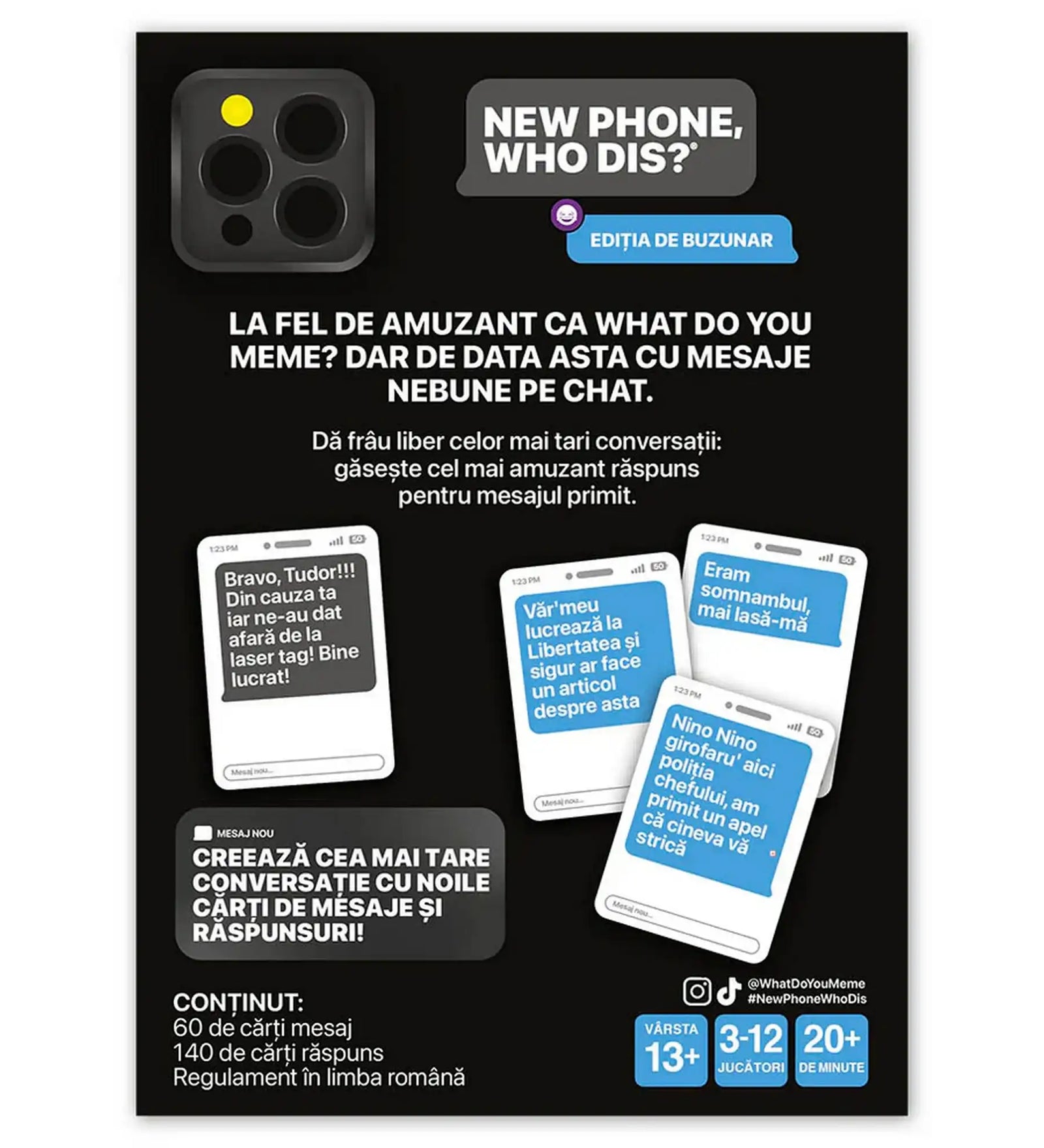 New Phone, Who Dis? Ediția de buzunar hátoldala a játék tartalmával, üzenet- és válaszkártya példákkal, román nyelvű leírással.