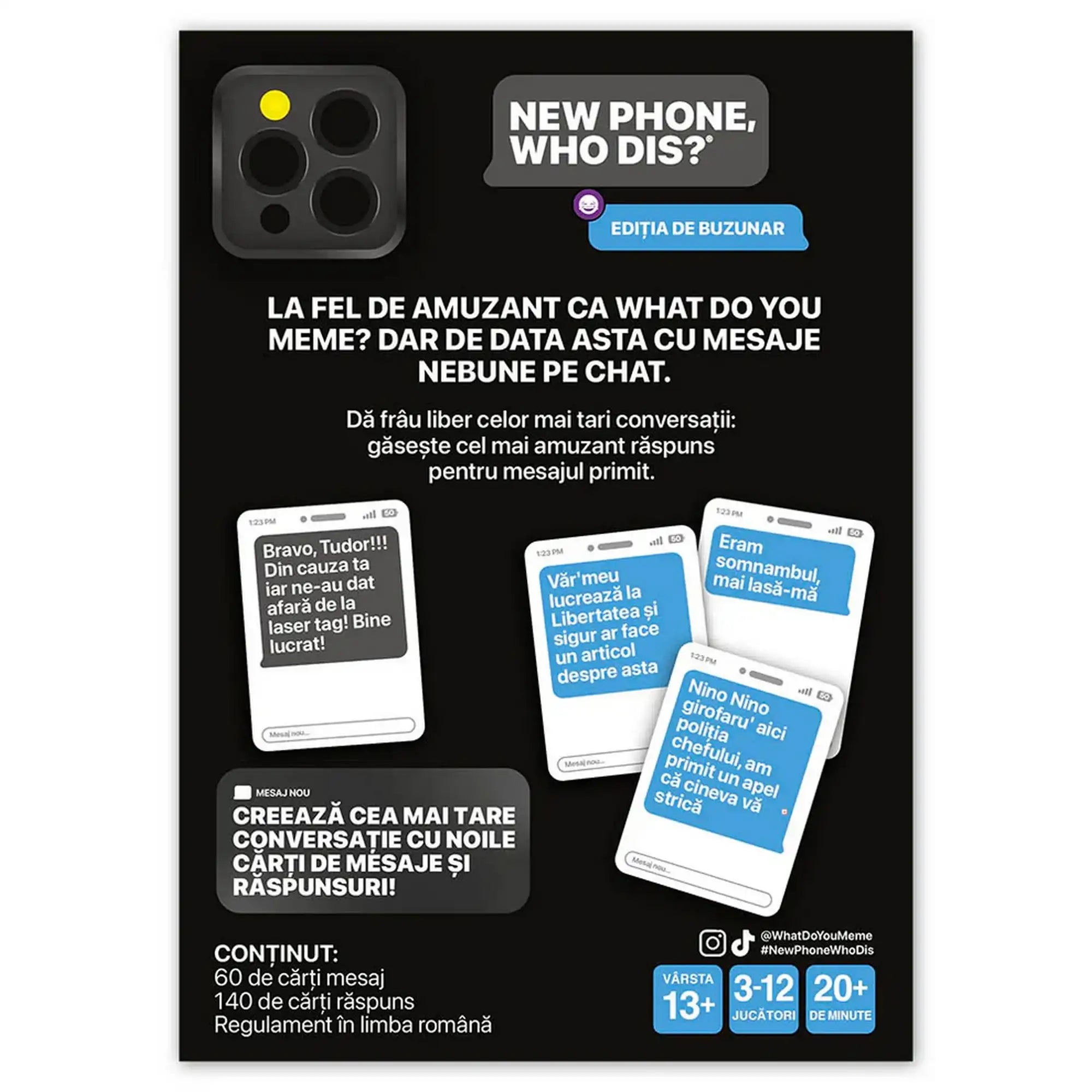 New Phone, Who Dis? Ediția de buzunar hátoldala a játék tartalmával, üzenet- és válaszkártya példákkal, román nyelvű leírással.