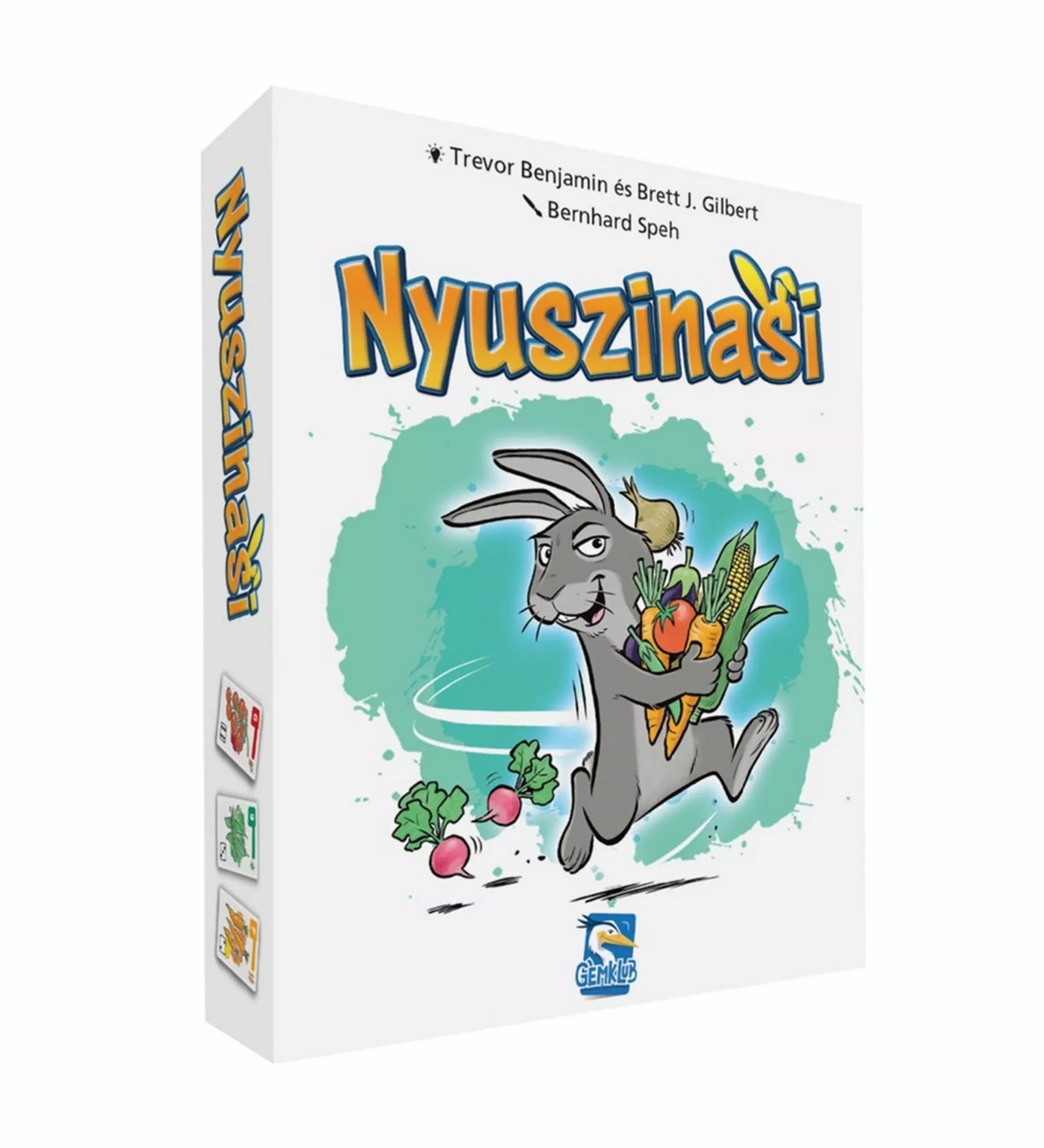 A Nyuszinasi társasjáték doboza, amelyen egy vidám nyuszi látható, amint friss zöldségeket – répát, kukoricát és retket – szorongat a mancsában. A fehér háttéren színes, rajzfilmszerű illusztrációk jelenítik meg a játék könnyed, családi hangulatát.