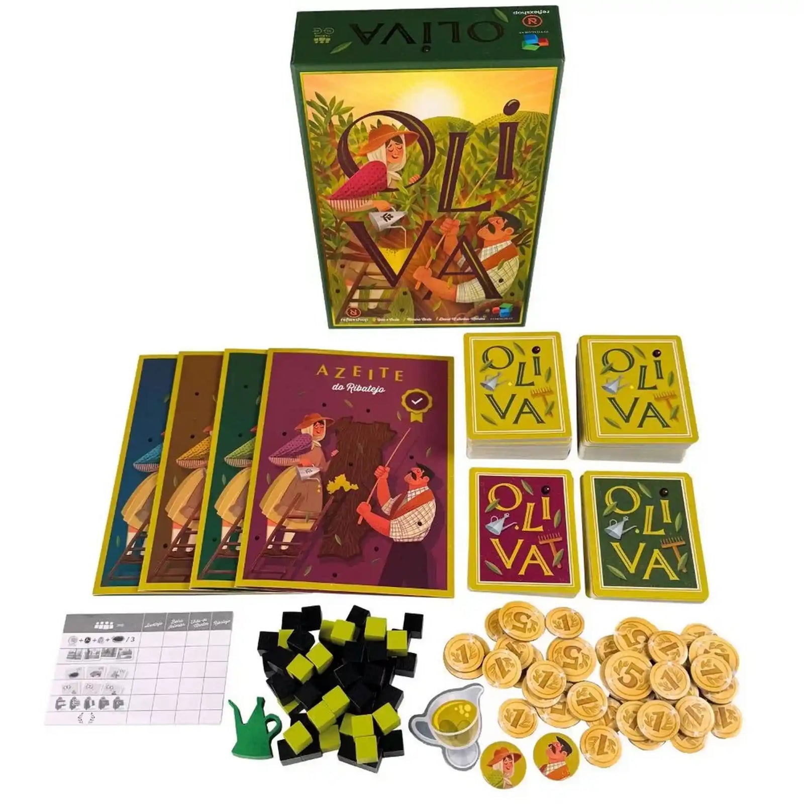 Az Oliva társasjáték teljes tartalma: játéktáblák, kártyapaklik, fa kockák, escudo érmék, jelölők és a játék doboza.