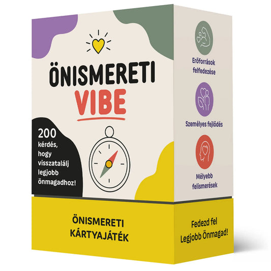 Önismereti Vibe magyar nyelvű önismereti kártyajáték doboza 200 kérdéssel