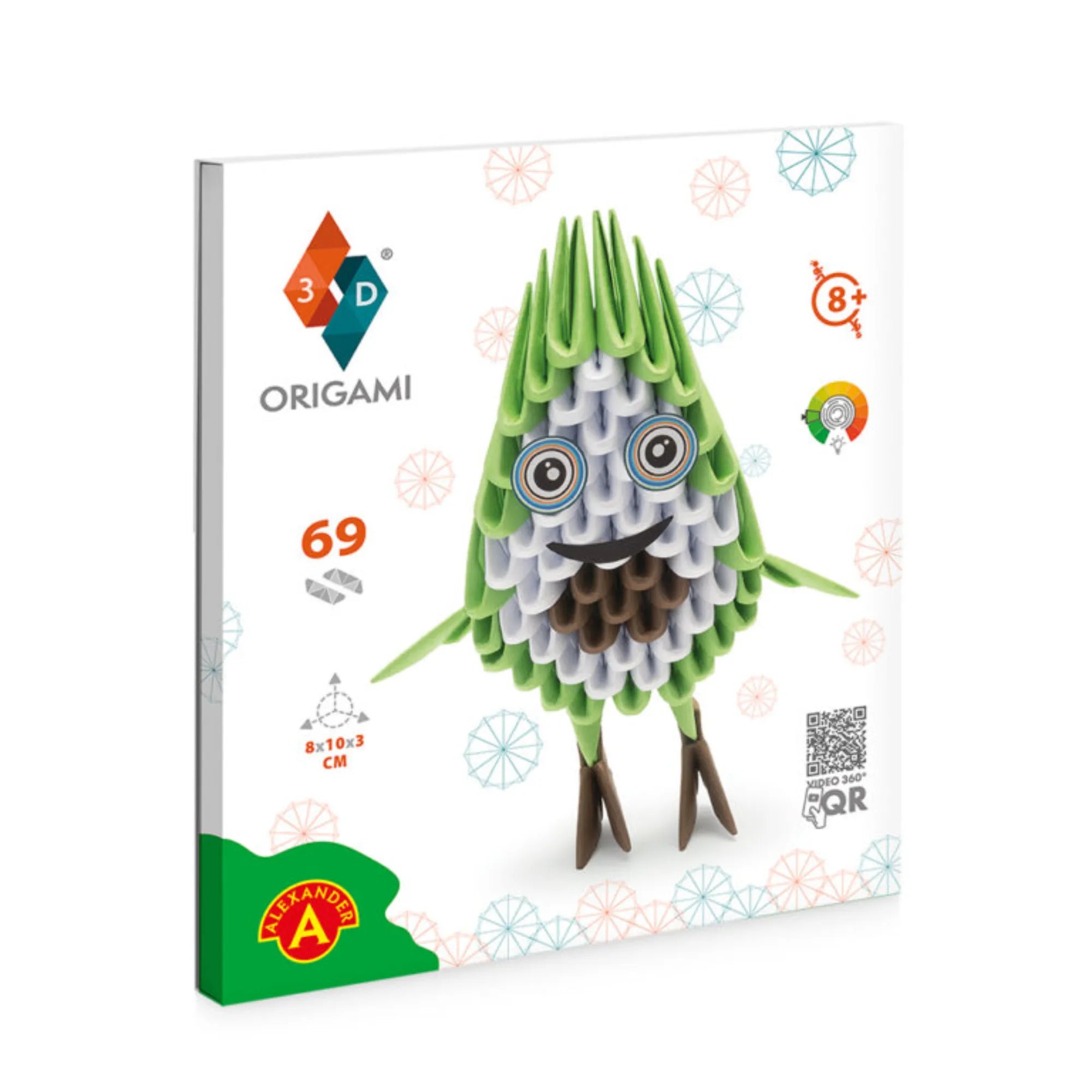 Origami 3D Avokádó 69 darabos készlet doboza. A szettben minden szükséges elem megtalálható a vidám, zöld színű 3D avokádó papírfigura megépítéséhez.