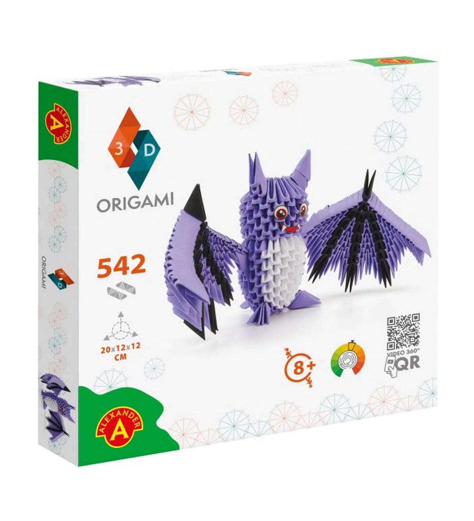 Origami 3D Denevér 542 darabból – dobozkép. A csomag tartalmaz minden elemet a lila és fekete szárnyú denevér papírfigura megépítéséhez.