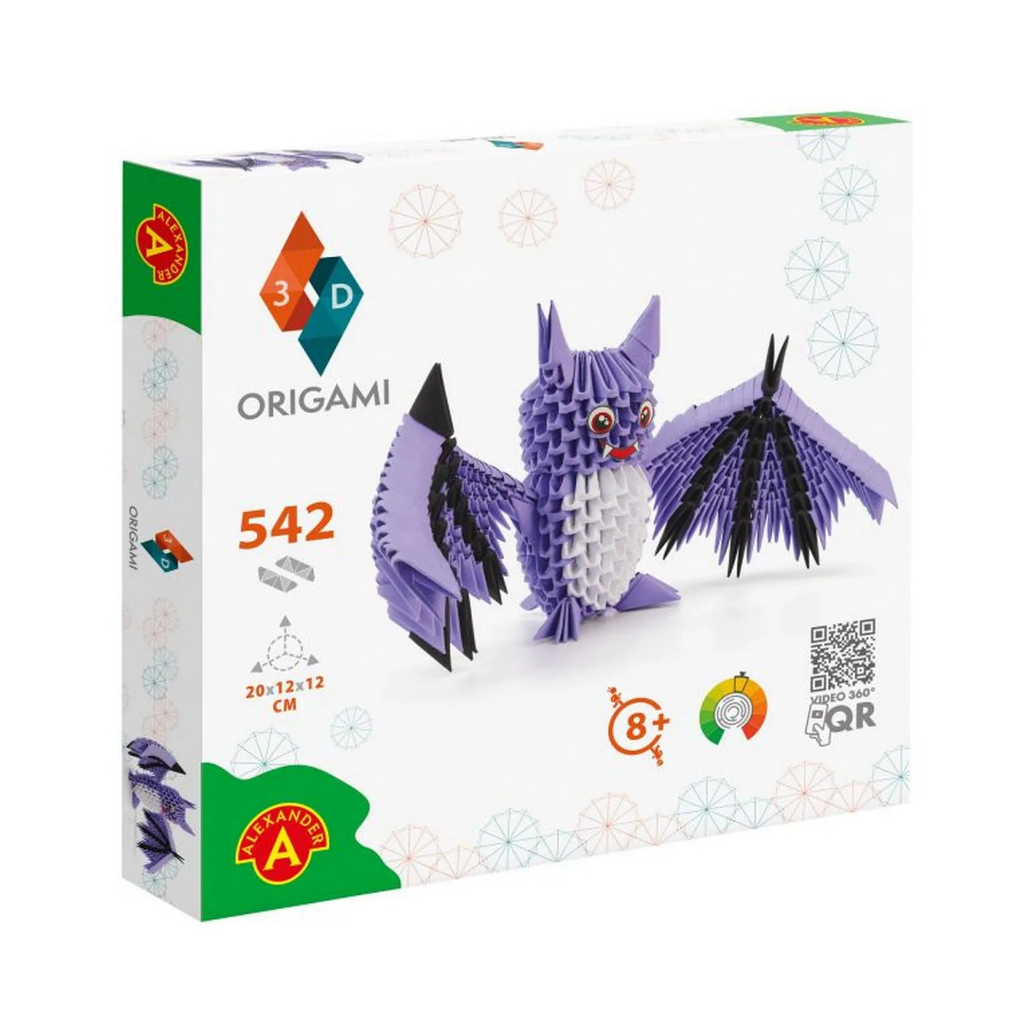 Origami 3D Denevér 542 darabból – dobozkép. A csomag tartalmaz minden elemet a lila és fekete szárnyú denevér papírfigura megépítéséhez.