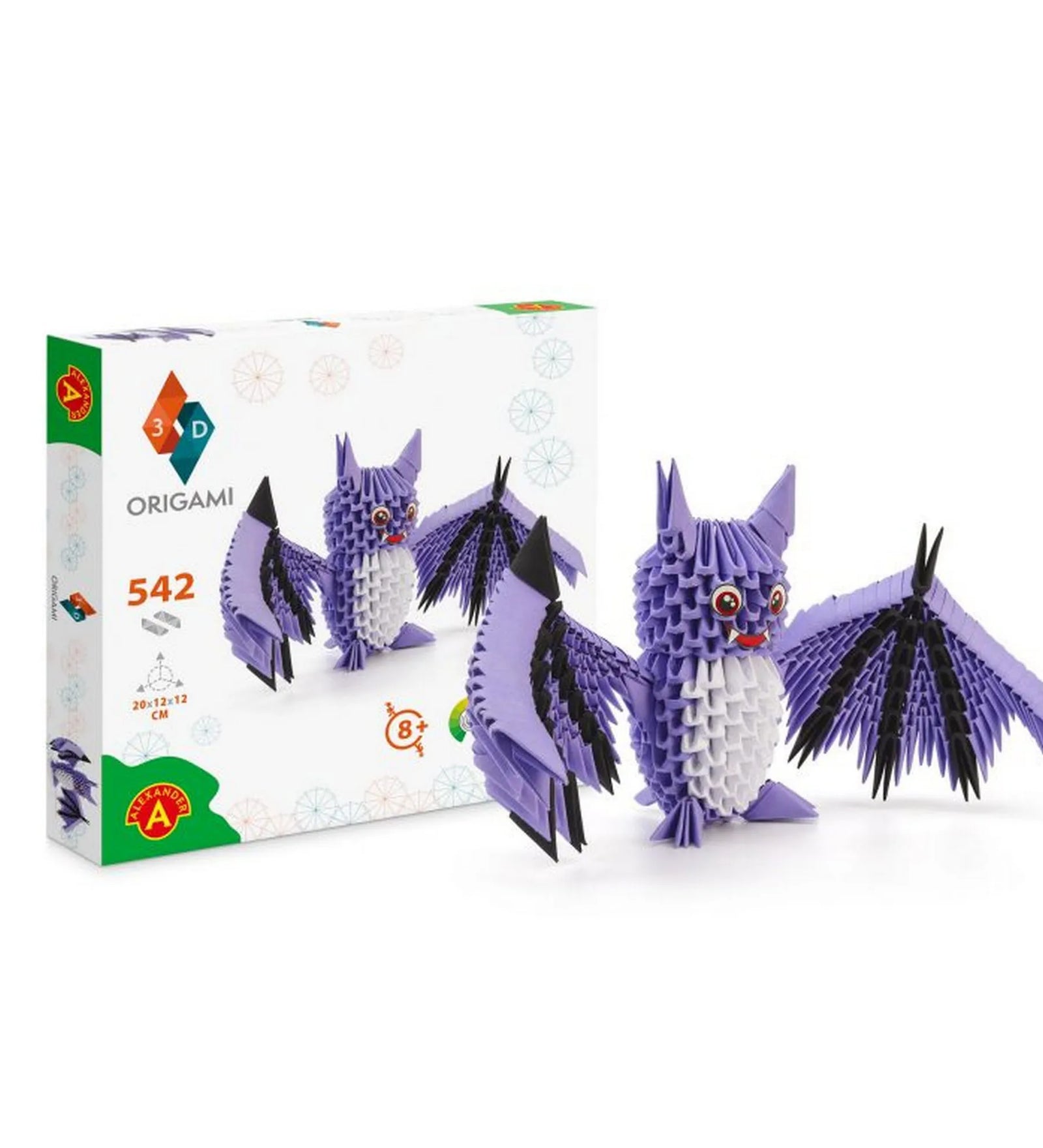 Origami 3D Denevér készlet – doboz és elkészült 3D papír denevér figura, részletes kidolgozással és 542 hajtogatott elemmel.