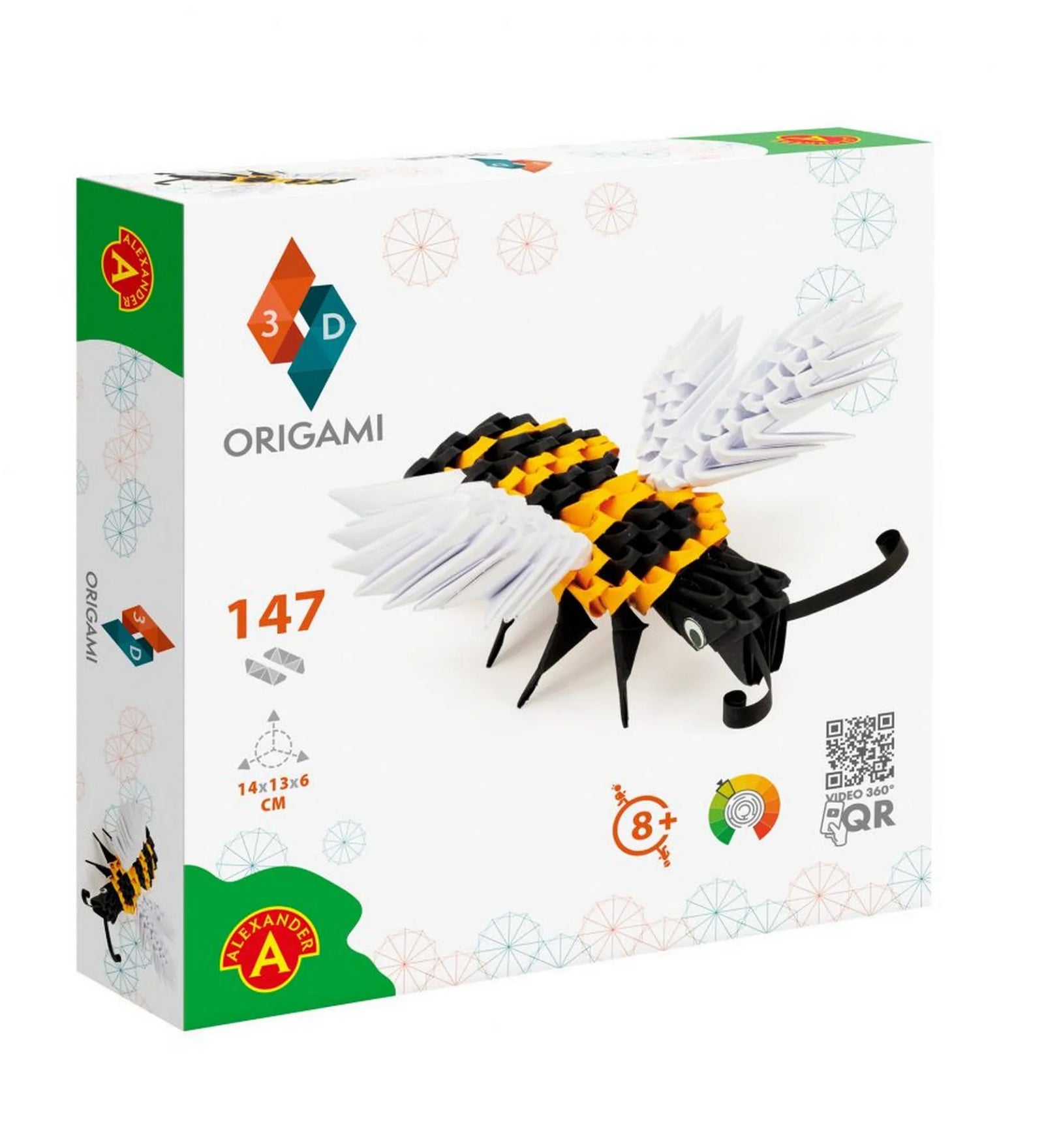 Az Alexander 3D Origami Méhecske doboza, rajta a színes origami méhecske modell, a 147 darabos készlet logója és az ajánlott korosztály (8+).