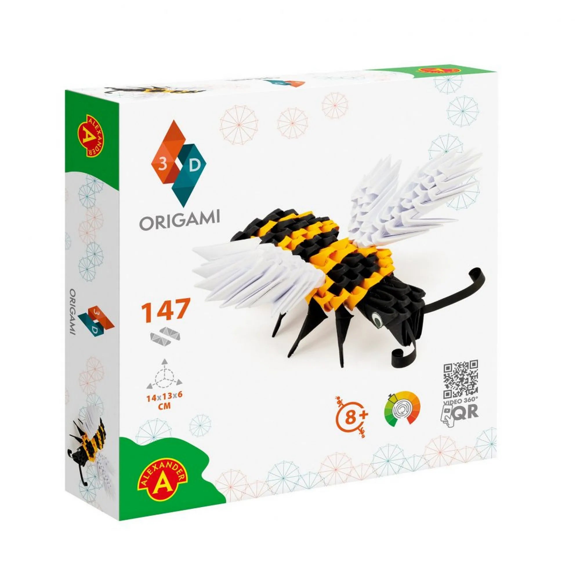 Az Alexander 3D Origami Méhecske doboza, rajta a színes origami méhecske modell, a 147 darabos készlet logója és az ajánlott korosztály (8+).