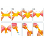 Lépésről lépésre útmutató az Alexander 3D Origami Méhecske papírelemeinek hajtogatásához, kézzel bemutatva a hajtási folyamatot.