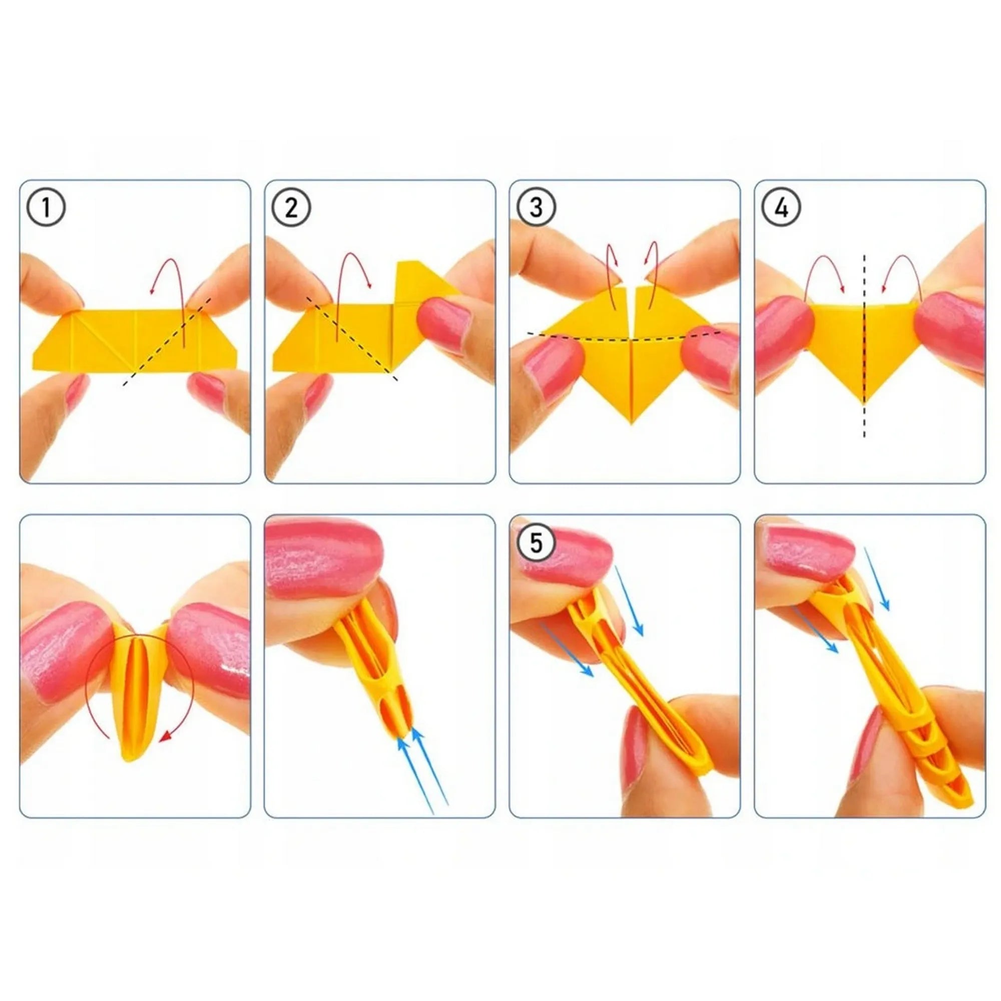 Lépésről lépésre útmutató az Alexander 3D Origami Méhecske papírelemeinek hajtogatásához, kézzel bemutatva a hajtási folyamatot.