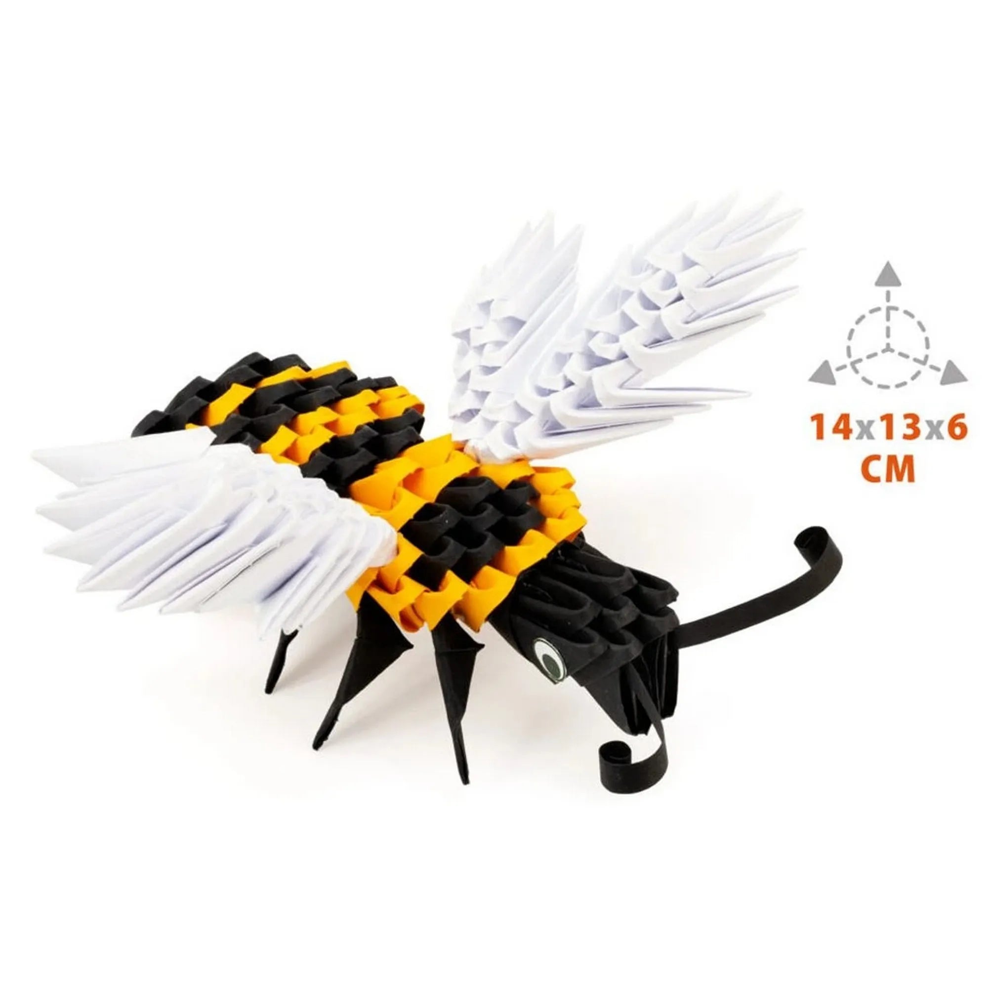Az elkészült Alexander 3D Origami Méhecske modell közelről, fehér szárnyakkal, sárga-fekete testtel és 14×13×6 cm-es mérettel.