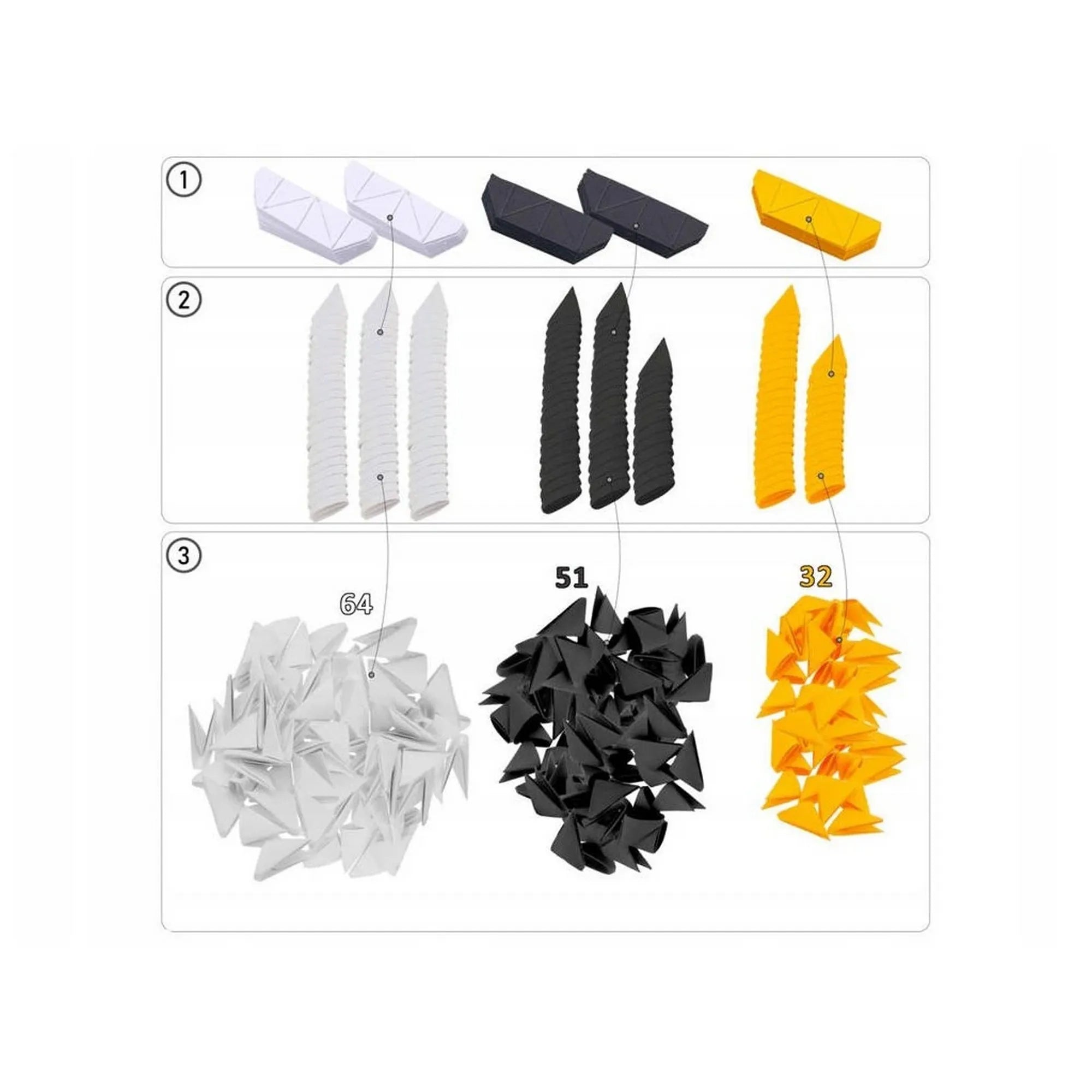 Az Alexander 3D Origami Méhecske készlet papírelemei szétszedve, különböző színekben: 64 fehér, 51 fekete és 32 sárga darab.