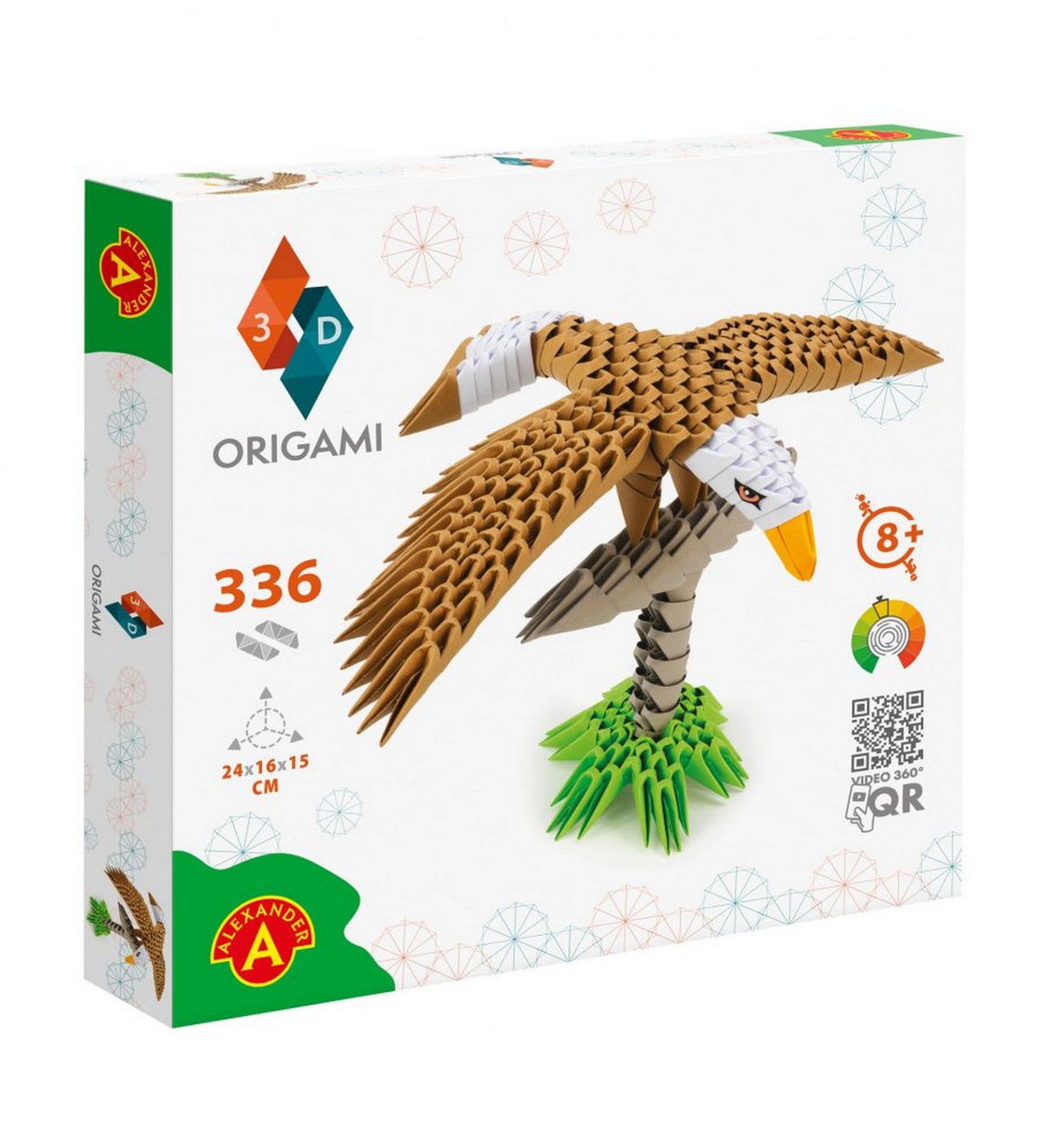 Az Alexander Origami 3D Sas készlet doboza látható a kész papírfigurával. A barna és fehér színű sas kiterjesztett szárnyakkal repül, zöld alapon áll.