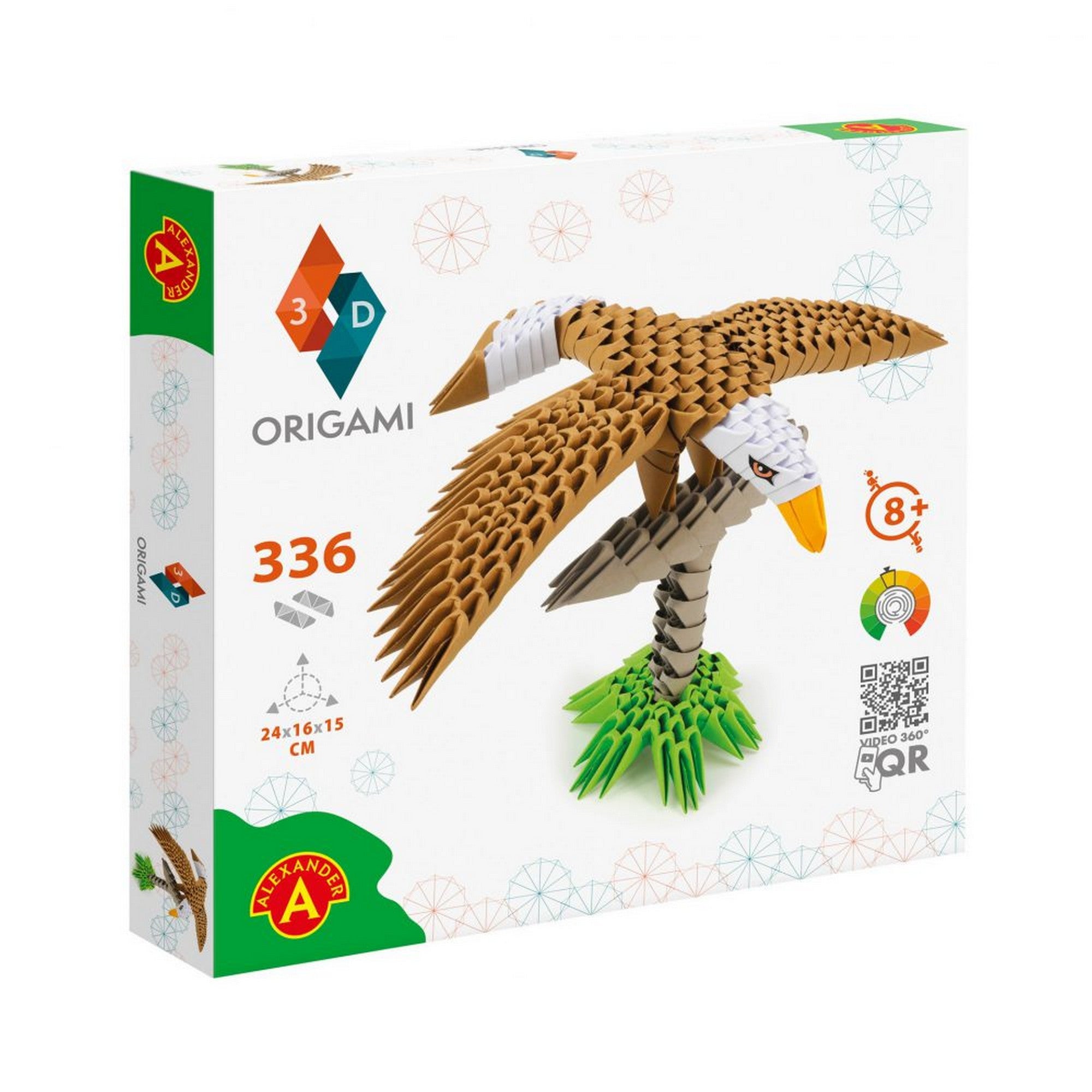 Az Alexander Origami 3D Sas készlet doboza látható a kész papírfigurával. A barna és fehér színű sas kiterjesztett szárnyakkal repül, zöld alapon áll.