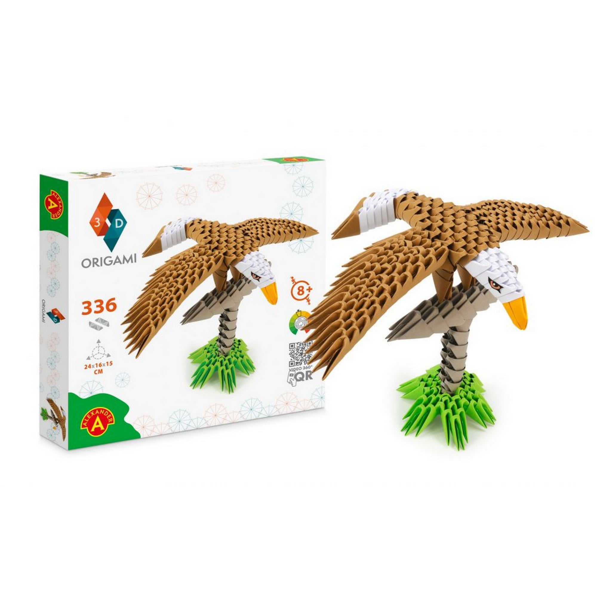 Az Origami 3D Sas készlet kibontott változata: a doboz és a hajtogatott, háromdimenziós sas figura együtt látható. A sas részletgazdag, valósághű formában ábrázolt, zöld talapzattal.