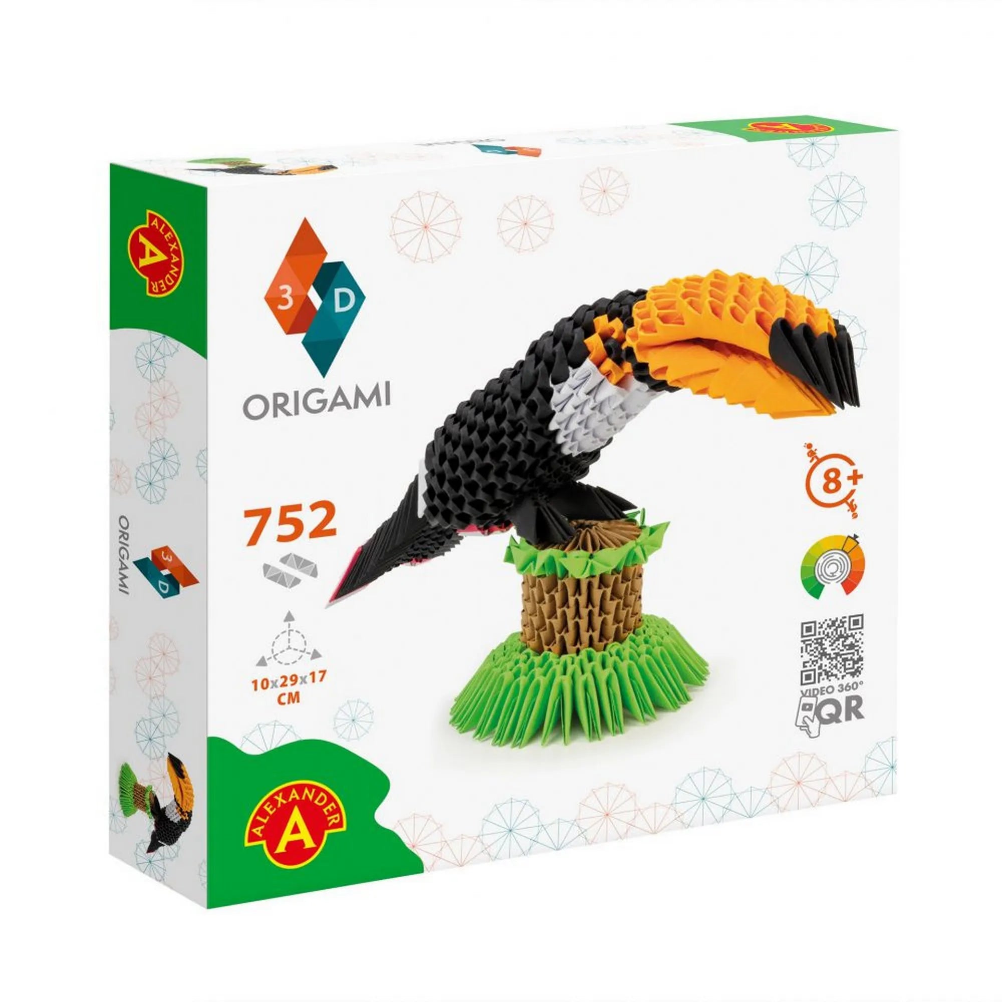 Az Alexander Origami 3D Tukán készlet doboza látható, amely egy 752 darabos papírhajtogatós szettet tartalmaz. A képen a színes, fekete-narancs-fehér tukán figura is látható zöld alapon, a doboz előlapján a „3D Origami” logóval.