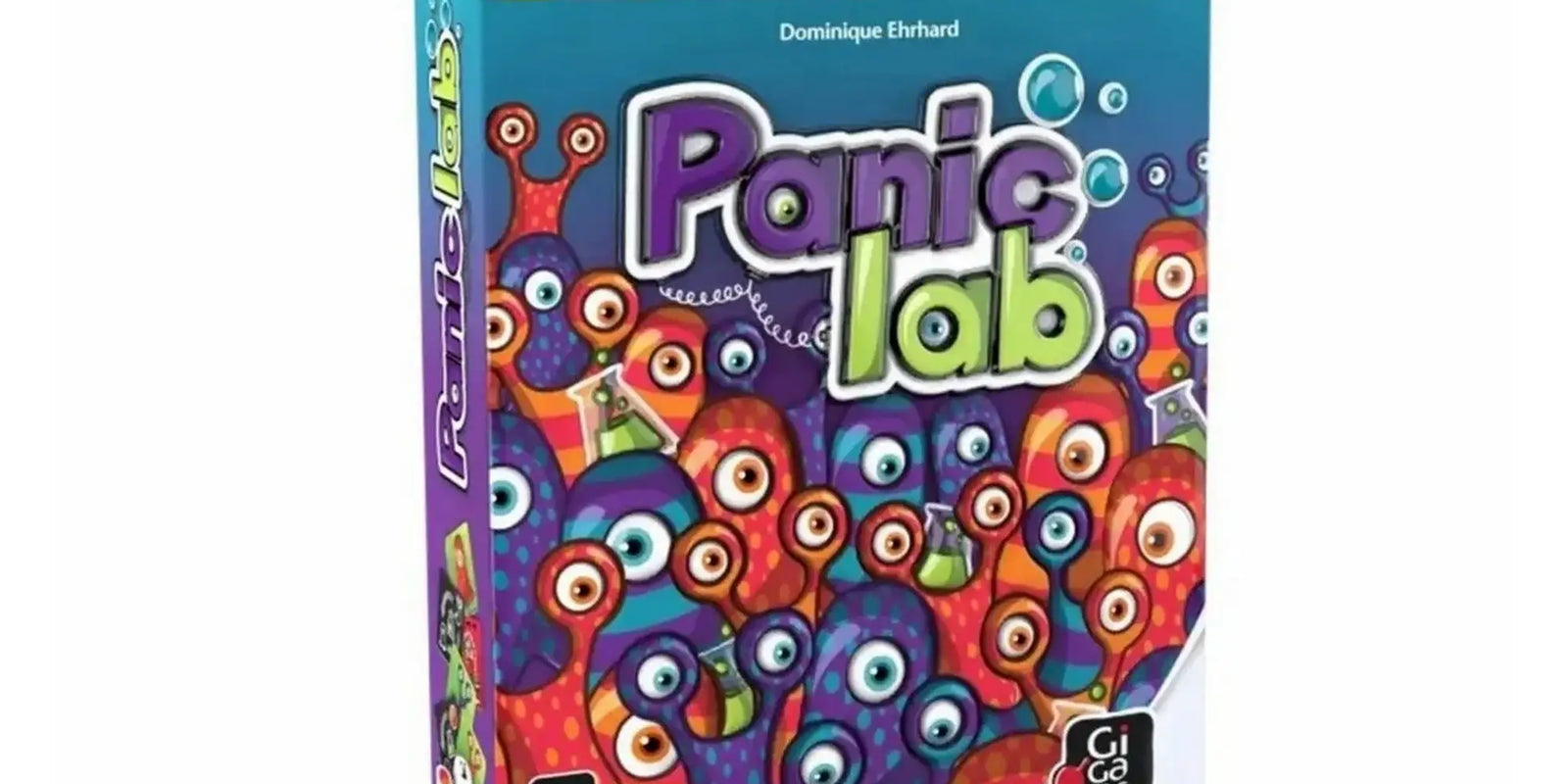 Panic Lab társasjáték türkizkék doboza, rajta színes, különböző szemű és formájú amőbafigurákkal.