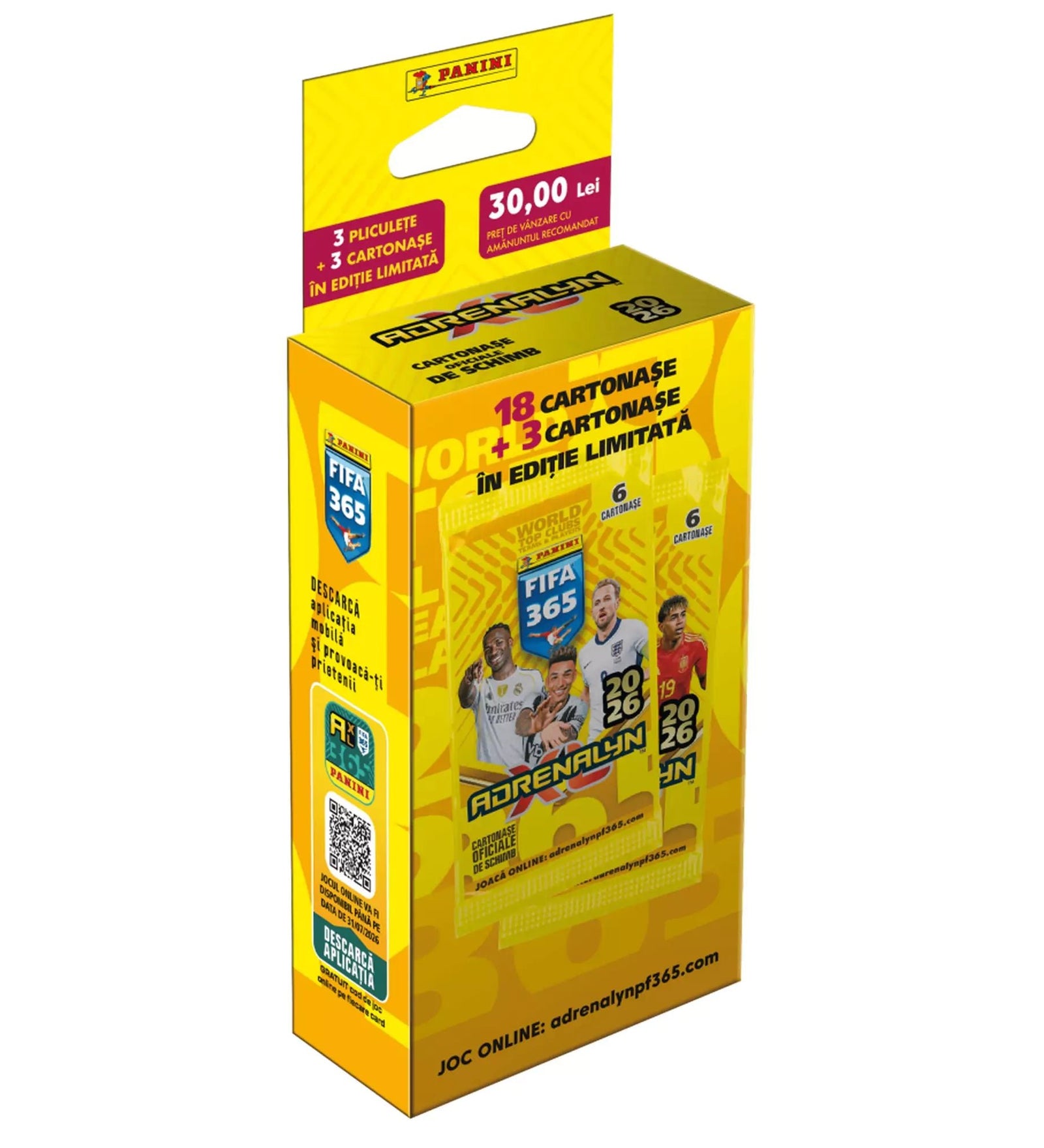 Panini FIFA 365 Adrenalyn XL 2026 Ecoblister kártyacsomag sárga dobozban, 3 csomaggal és 3 exkluzív Limited Edition kártyával, futballsztárokkal a borítón.