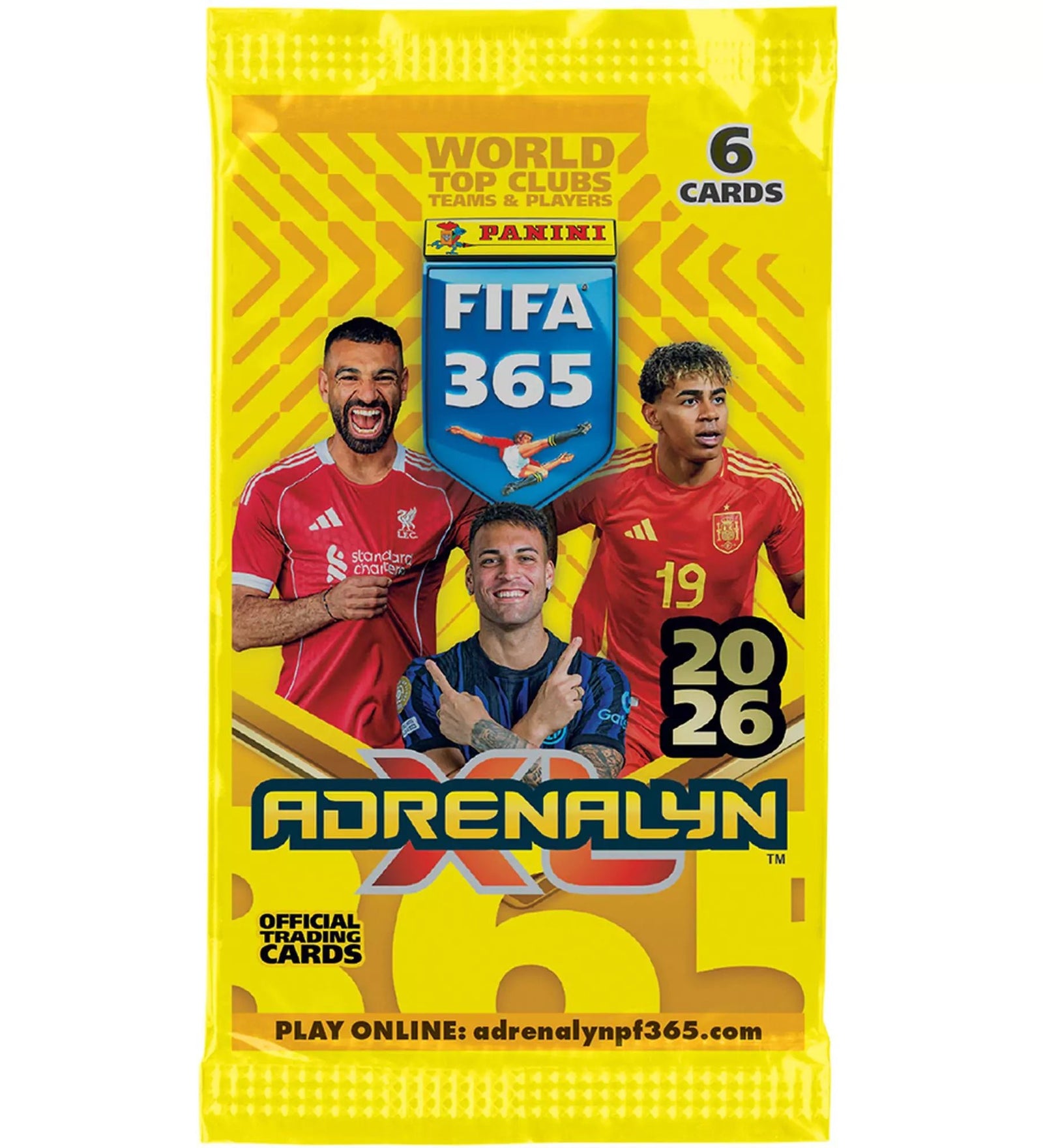 Panini FIFA 365 Adrenalyn XL 2026 kártyacsomag sárga csomagolásban, 6 darab gyűjthető futballkártyával. A csomagon top játékosok és a FIFA 365 logó látható.