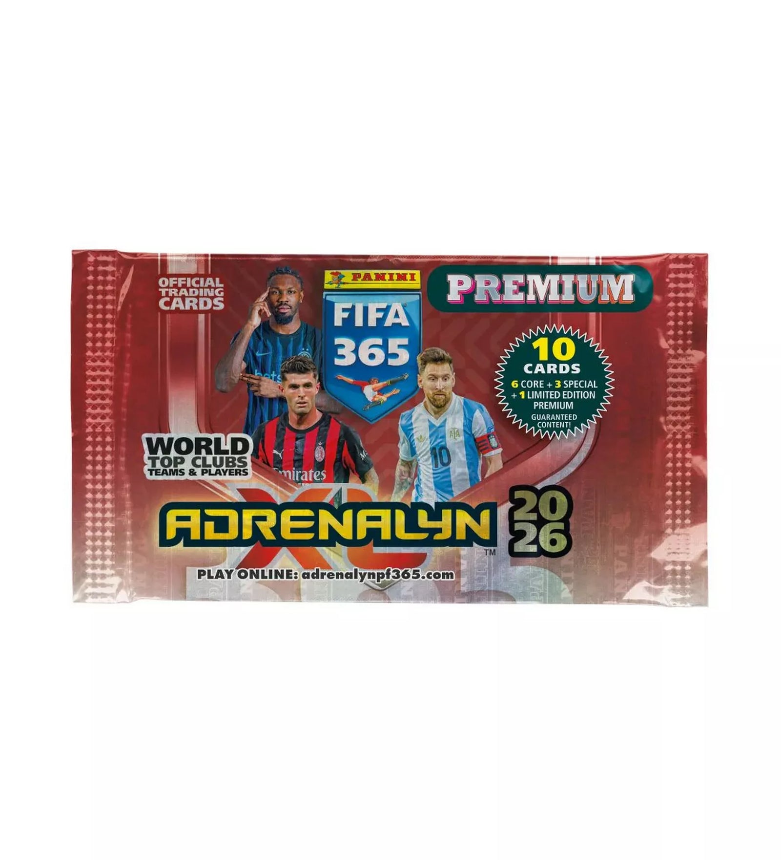 Panini FIFA 365 Adrenalyn XL Premium csomag 2026, 10 darab focis gyűjtőkártyával, limitált kiadású Premium lappal.