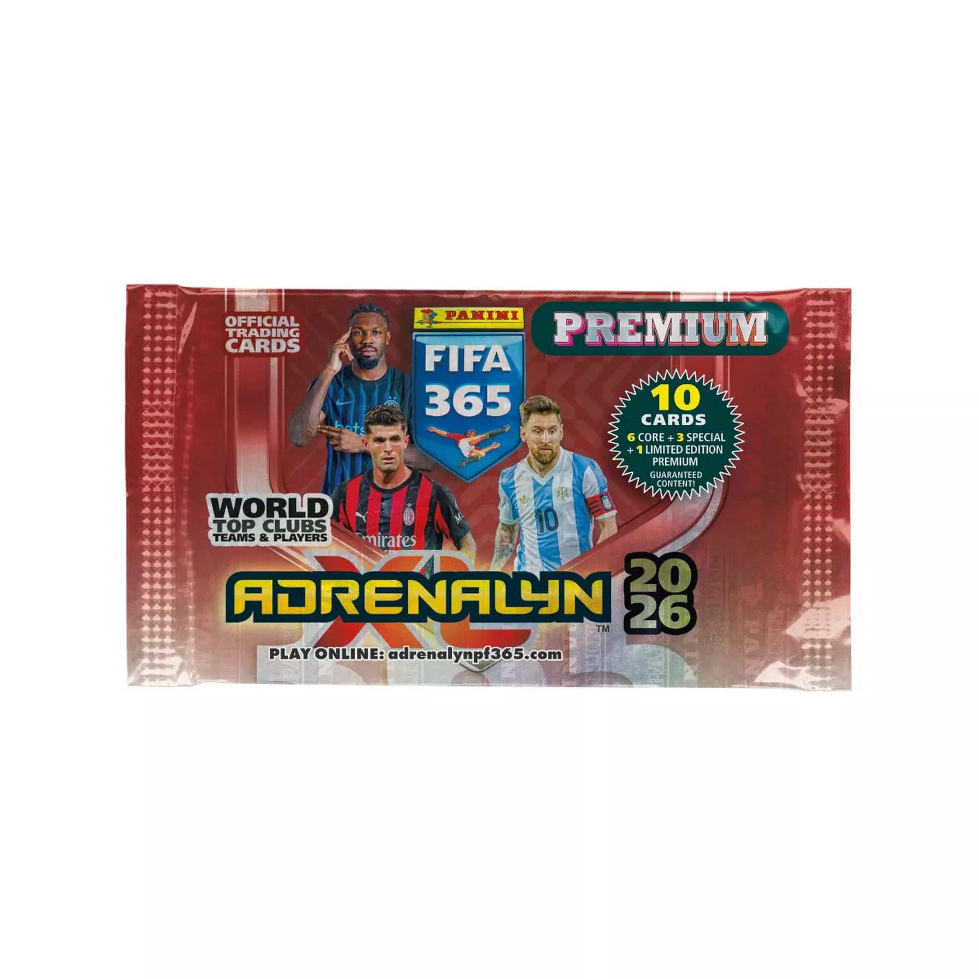 Panini FIFA 365 Adrenalyn XL Premium csomag 2026, 10 darab focis gyűjtőkártyával, limitált kiadású Premium lappal.
